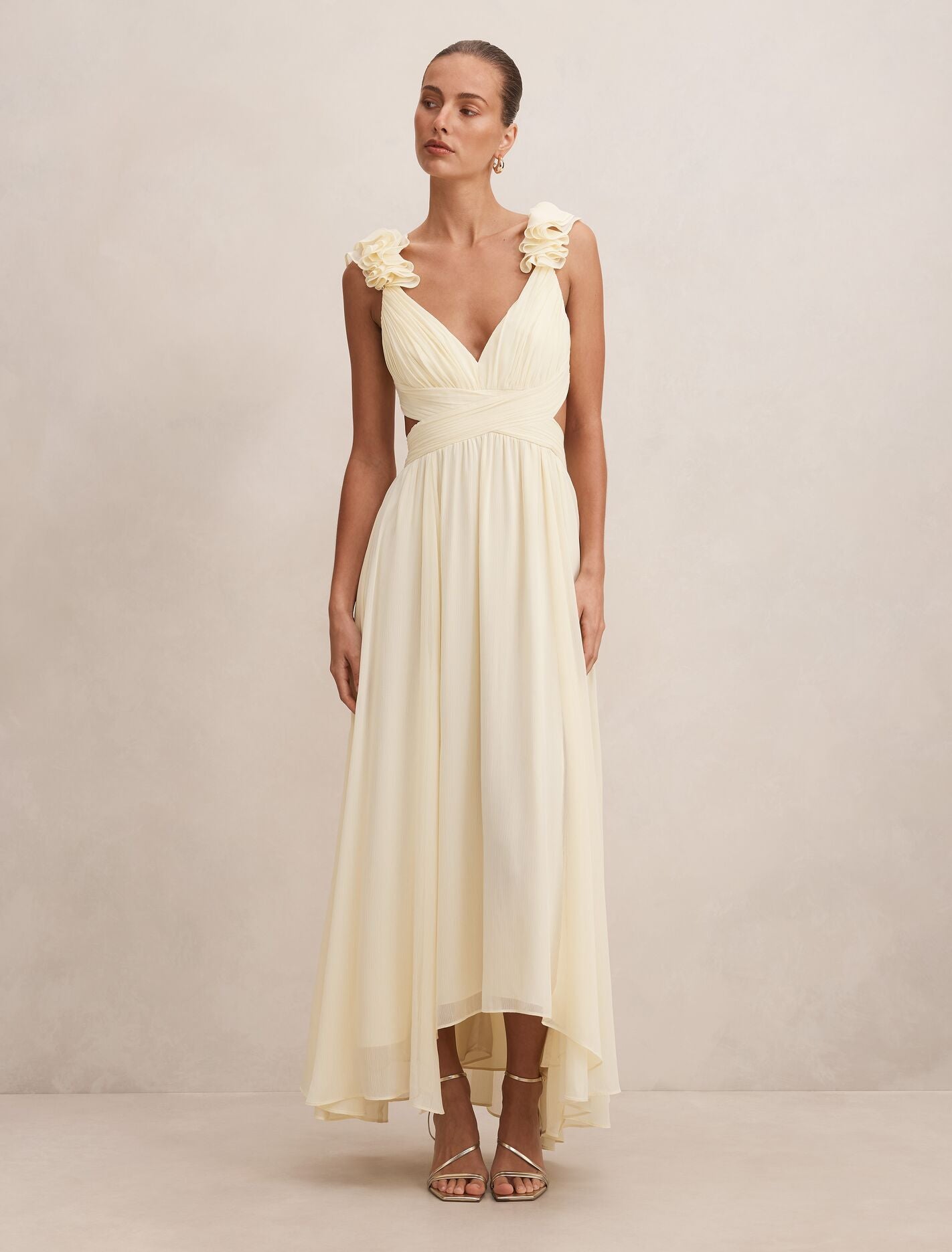 long yellow ruffle dress Selena Shoulder – Ever New USA Spring 23 Color:Green Flower Satin Fabric Color Navy Blue Satin Mini