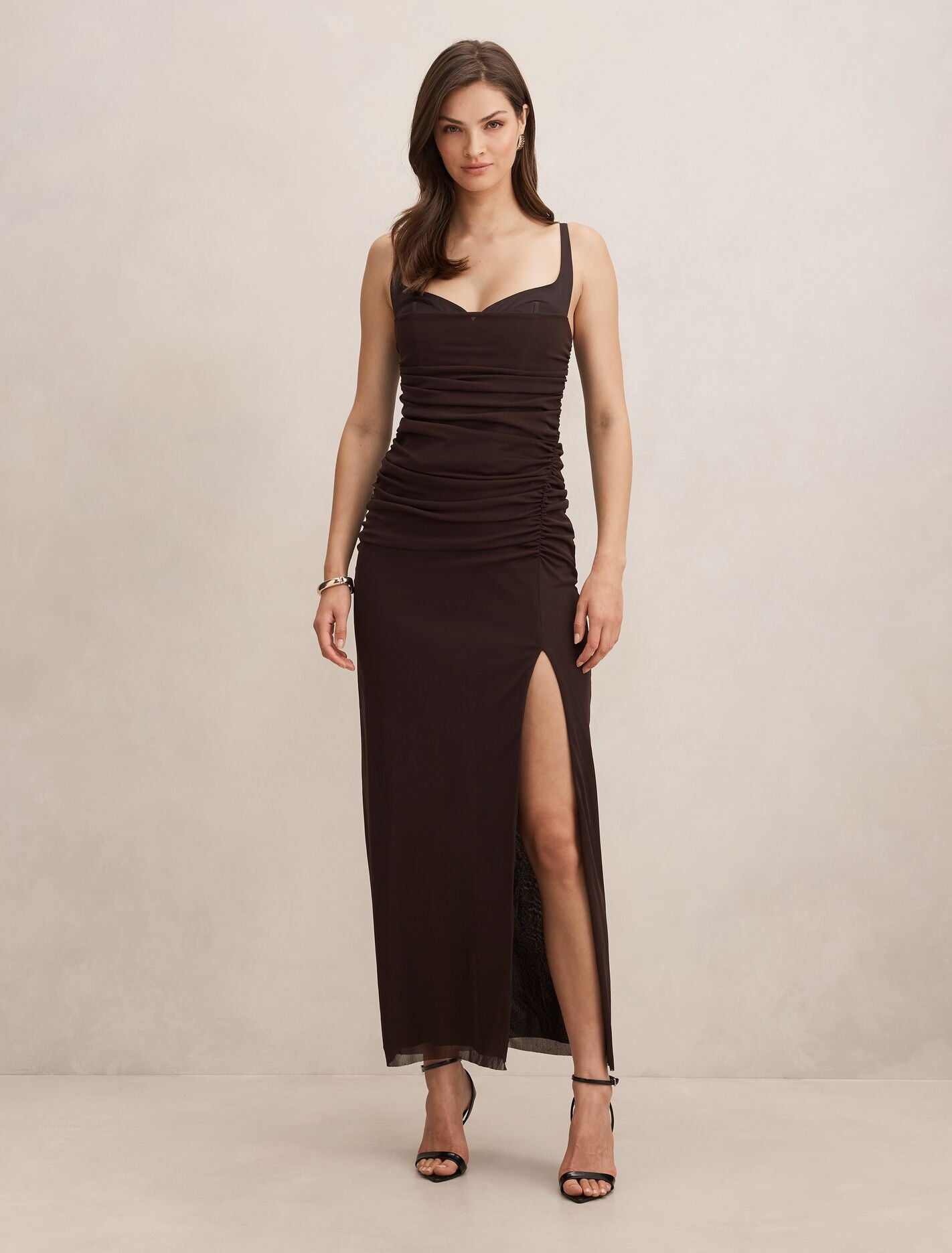 Evie Ruched Mesh Bodycon Dress in Brown - Size 0 to 12