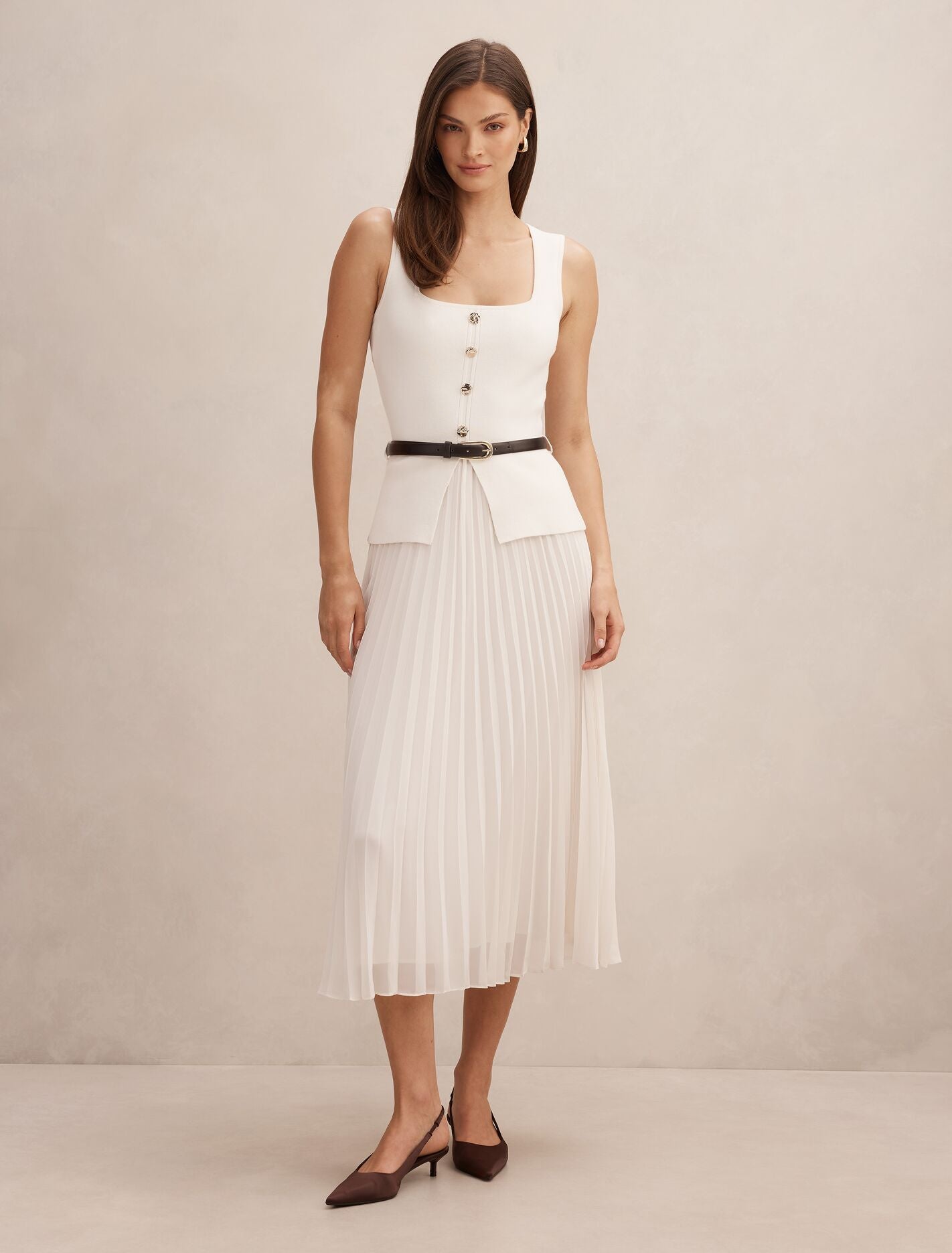 White Midi Dress - Delphine Sleeveless Square Neck - Size 0 to 12