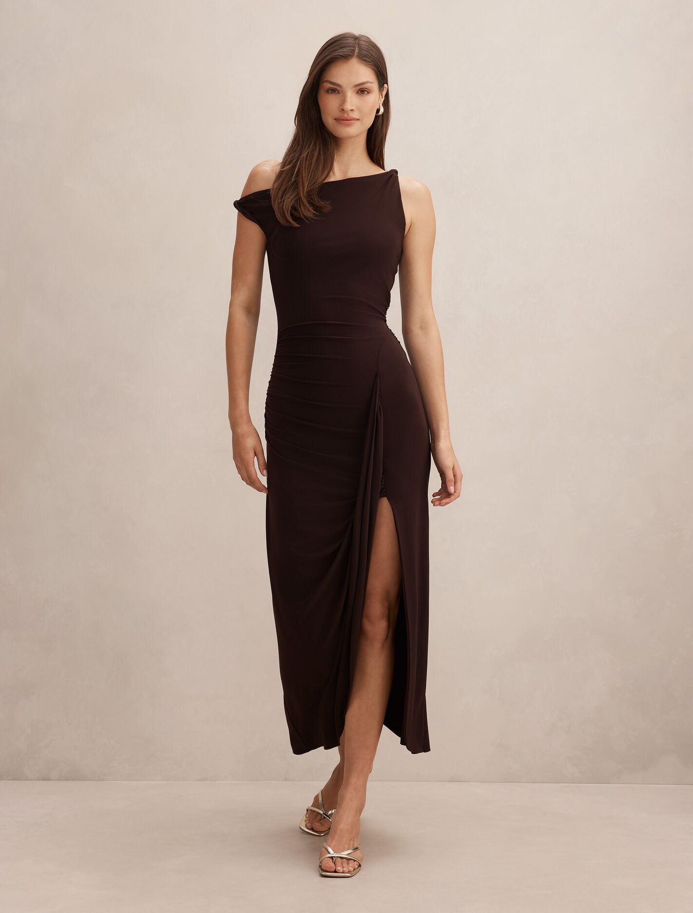 Brown Maxi Dress - Vicky Asymmetric Jersey - Size 0 to 12