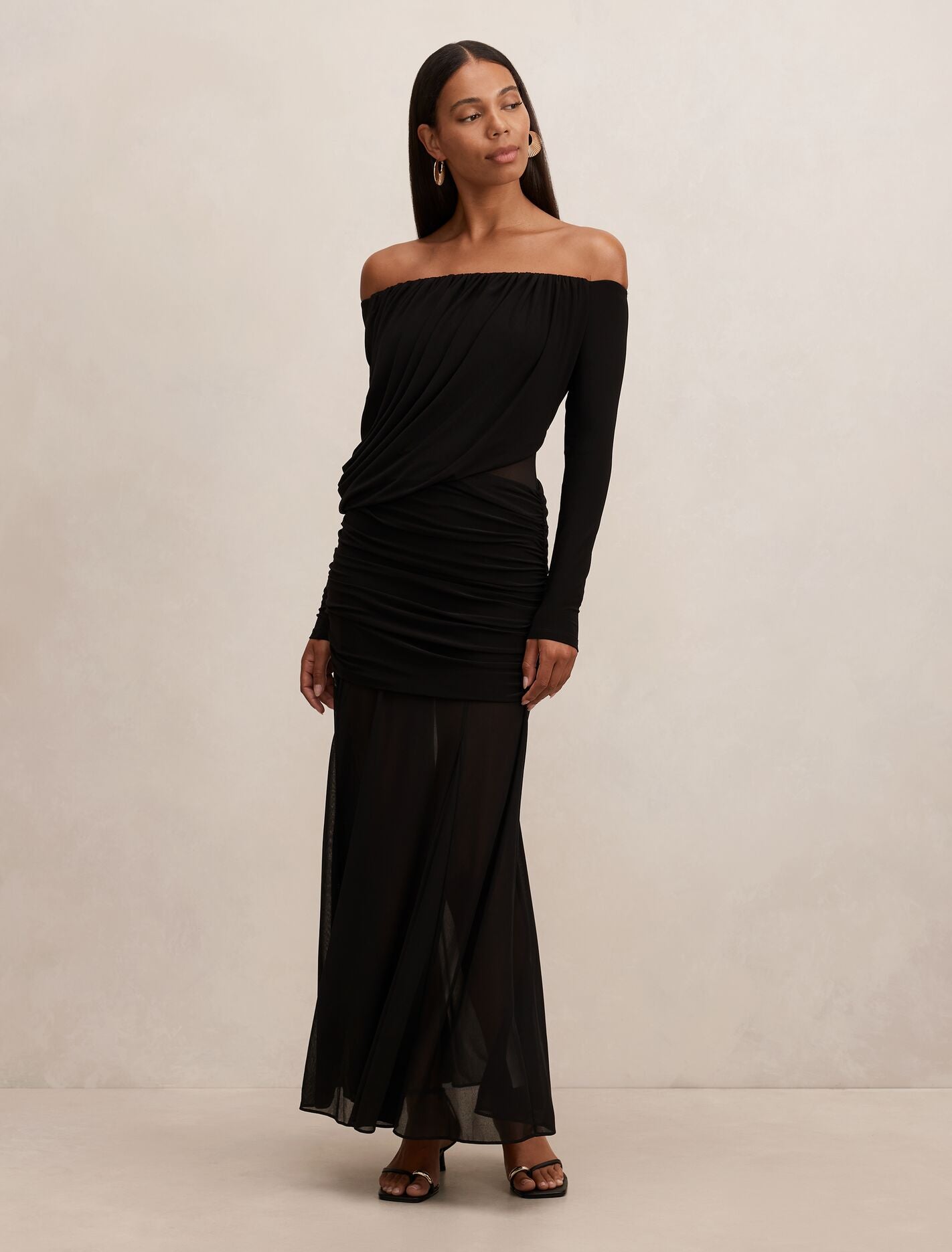 ladies maxi evening dresses Belinda Bardot Draped Dress in Black - Size 0 to 12 Tropical Floral Maxi Dress: It is made of searchable:Maxi Dresses Wood:Blackened Oak