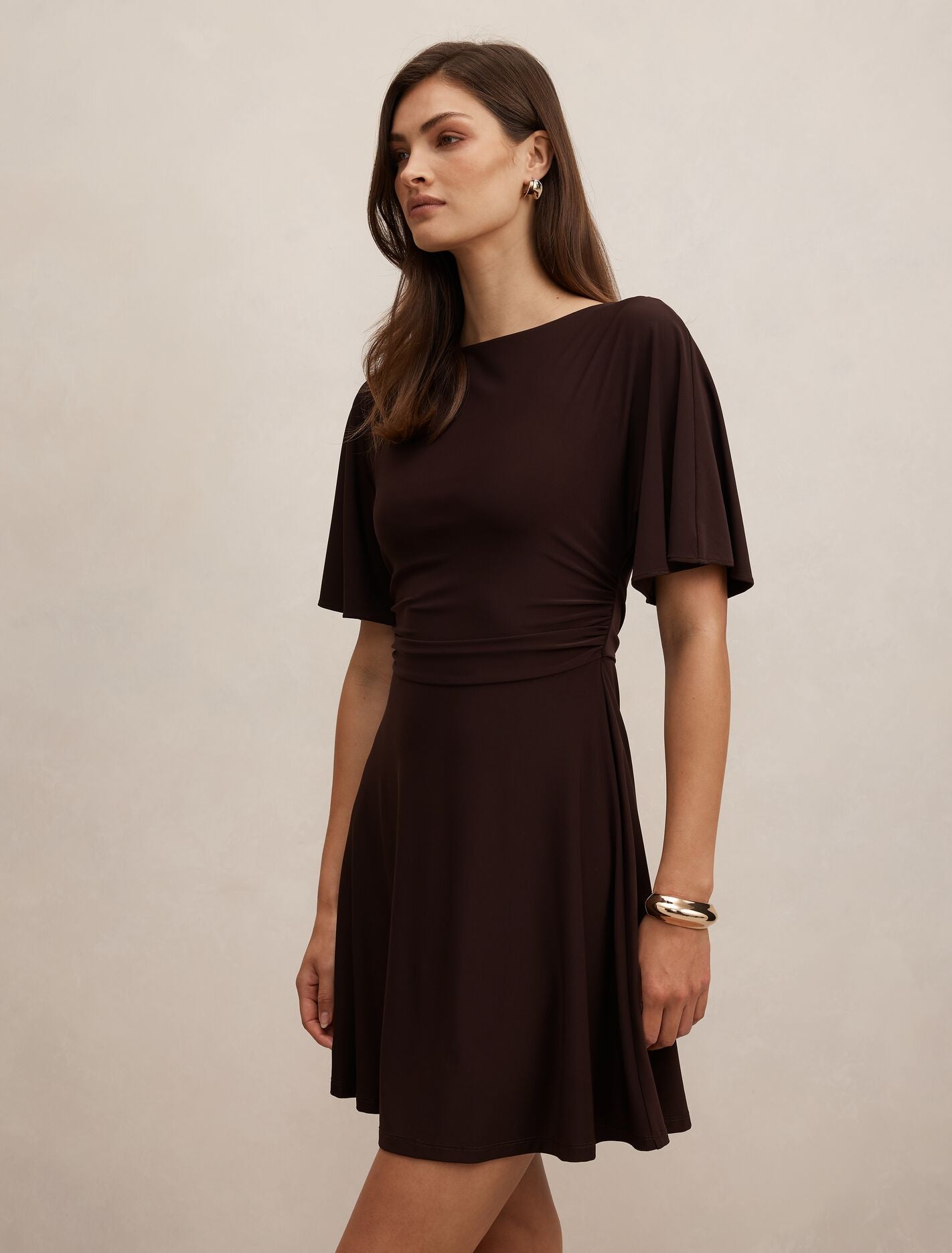 women's brown mini dress - Cora Flutter Sleeve Tie - Size 0 to 12 new-sale-jan-7 Purple Maxi Dress, Neon over neckline Size:52 Long Jacket+46 Waist Adjust 42 to 48)(Height:6