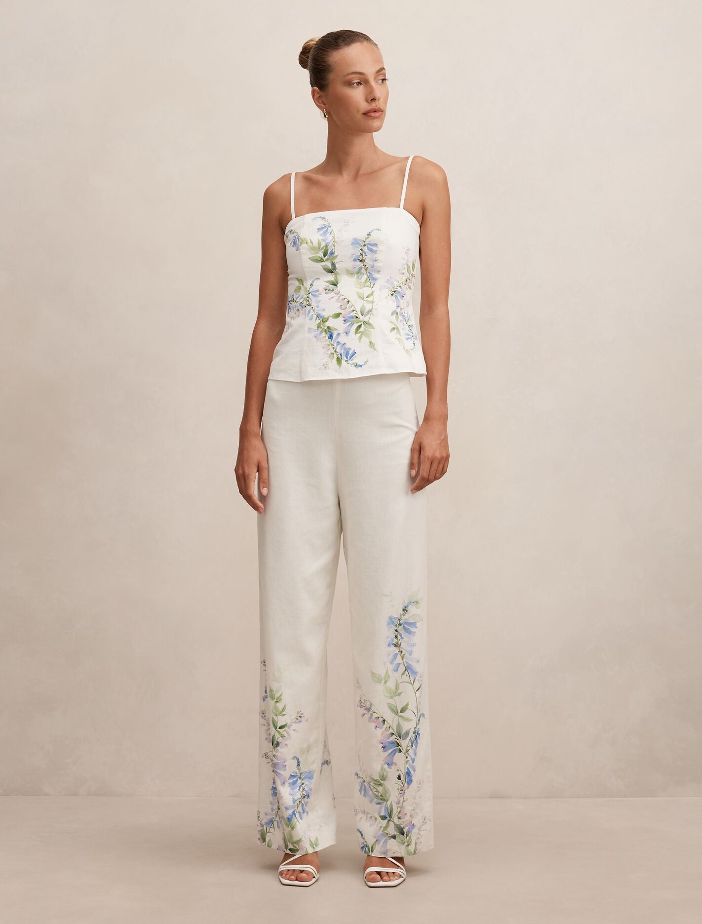 White Linen Pants - Soleil Floral Placement Print - Size 0 to 12