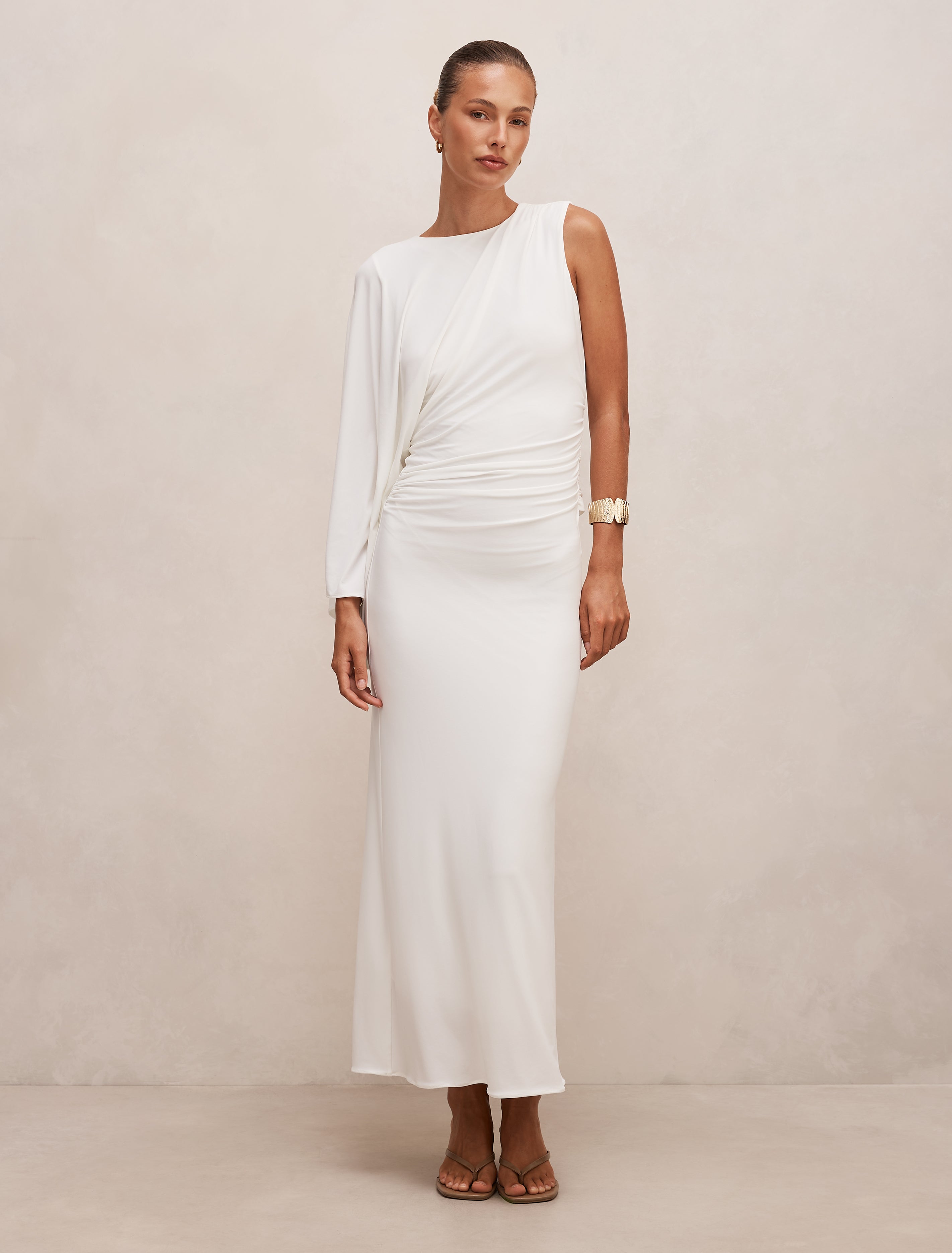 White Maxi Dress - Fleur Cape Shoulder - Size 0 to 12