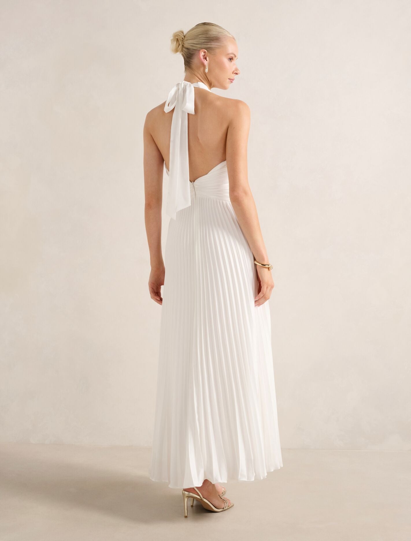 Natasha Pleated Satin Halter Maxi Dress in White - Size 0 to 12
