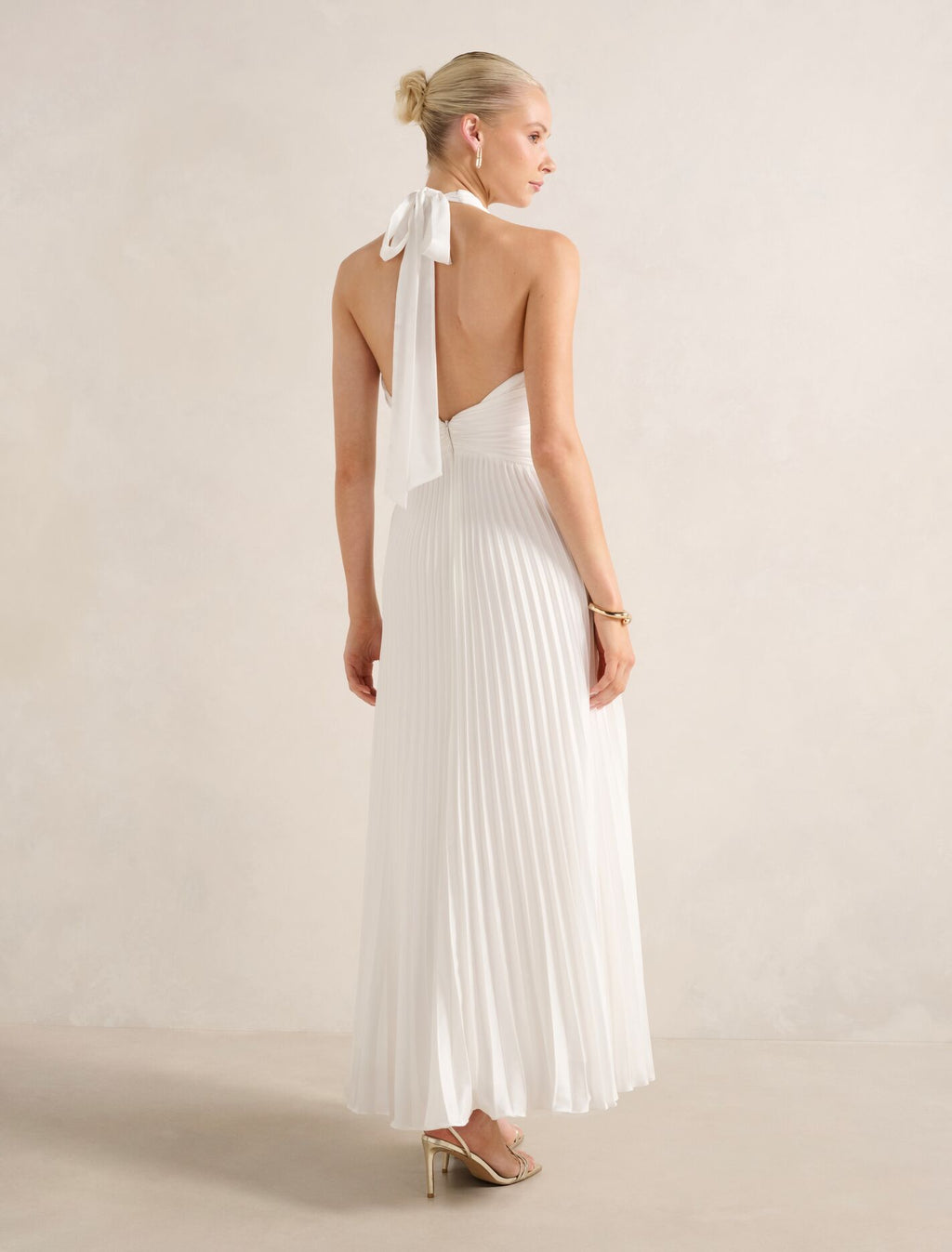 Natasha Pleated Satin Halter Maxi Dress