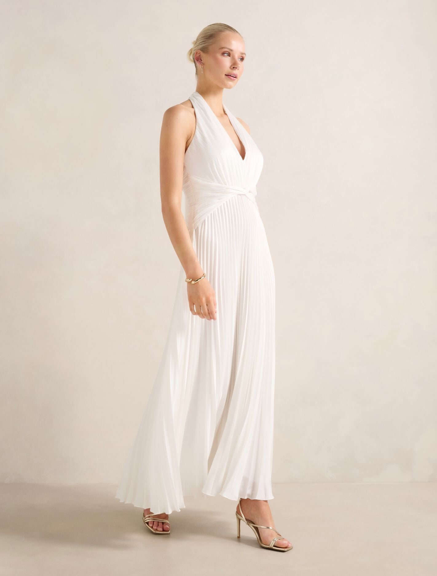 white pleated satin dress Azazie Moonlight Wedding Dress