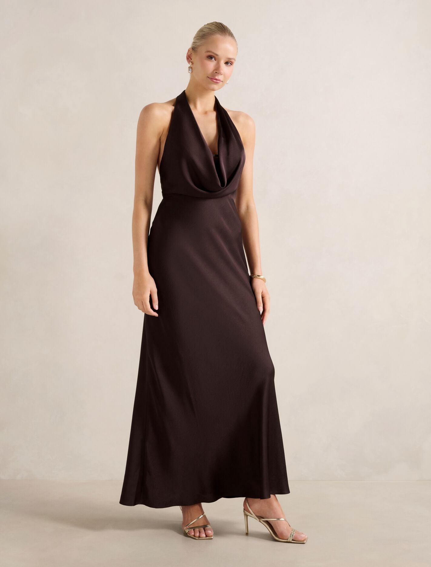 Brown Maxi Dresses - Becca Cowl Halter Satin Gown - Size 0 to 12