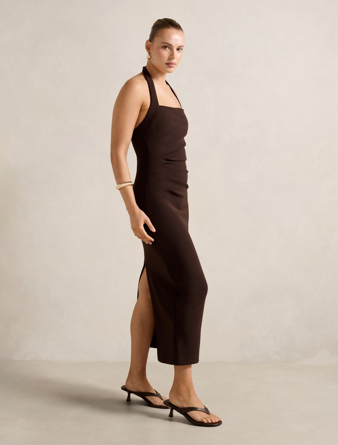 brown ruched bodycon dress Women's Chocolate Linen Look Boat Neck Ruched Bodycon Dress