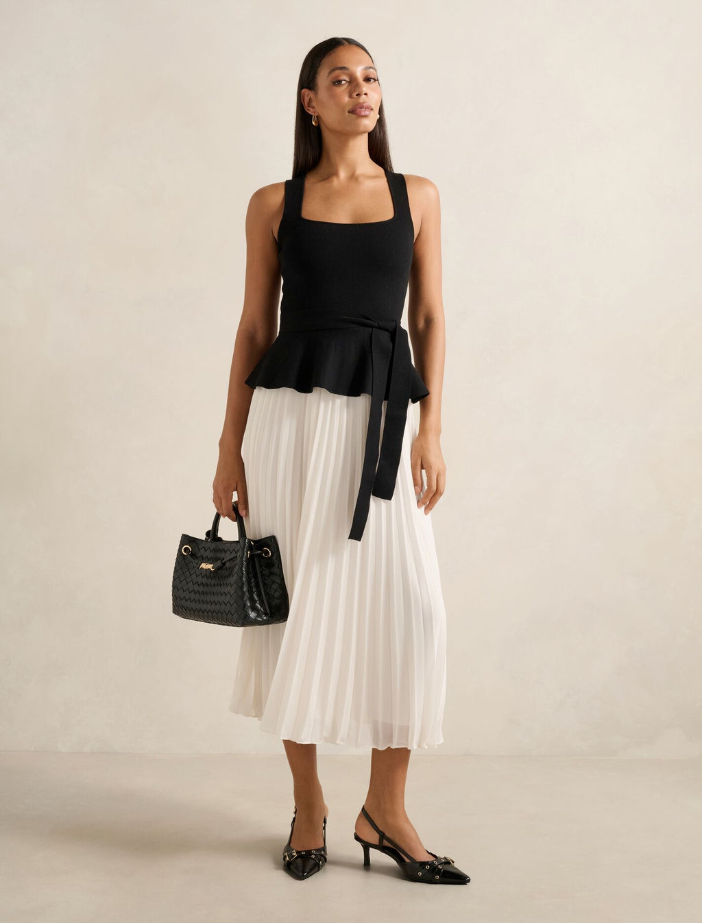 Black Midi Dress - Peony Pleat Mixed Dress - Size 0 to 12