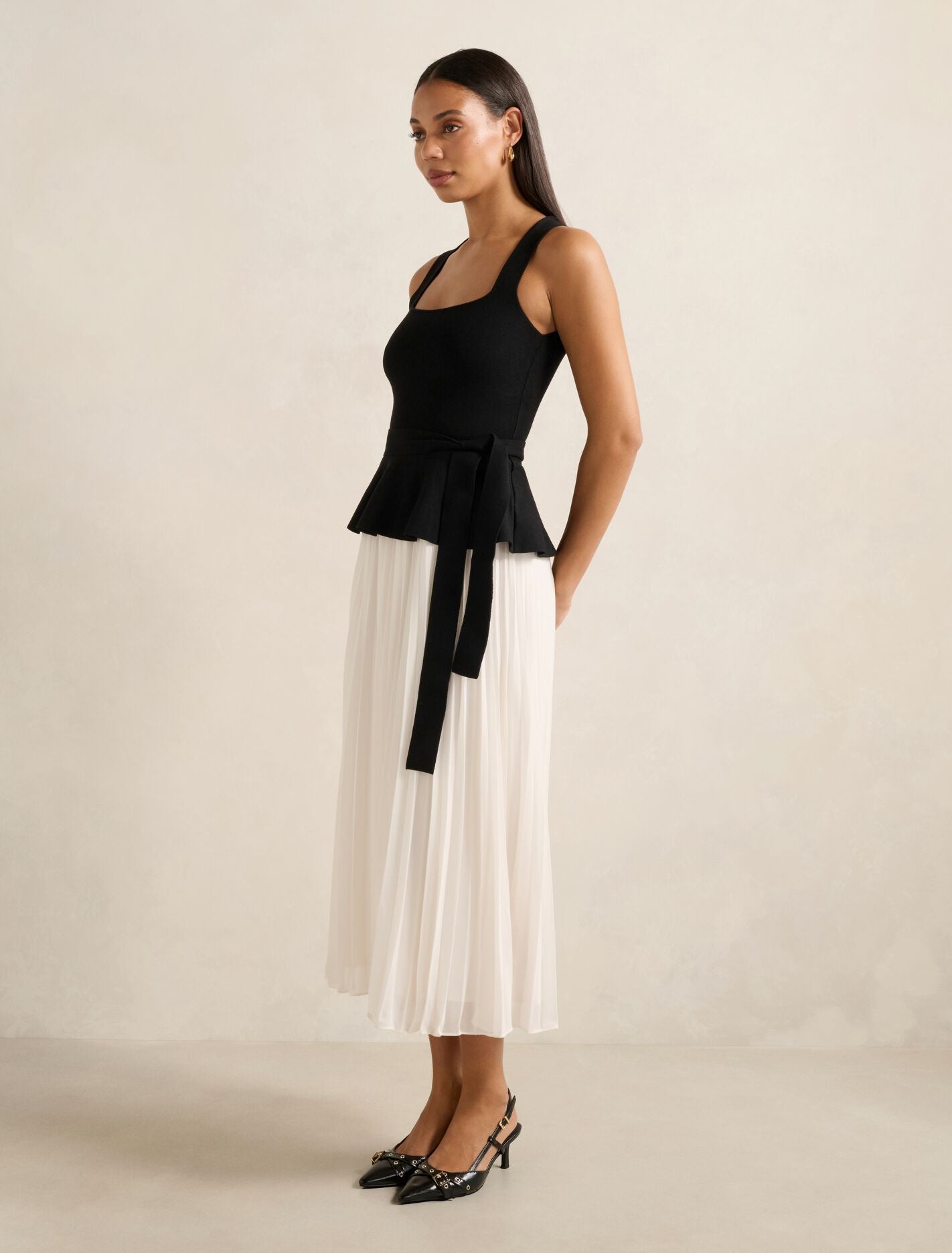 Black Midi Dress - Peony Pleat Mixed Dress - Size 0 to 12 - Womens