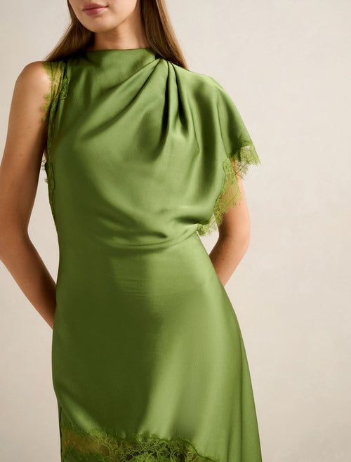 Kody Satin Lace Asymmetric Dress in Green - Size 0 to 12