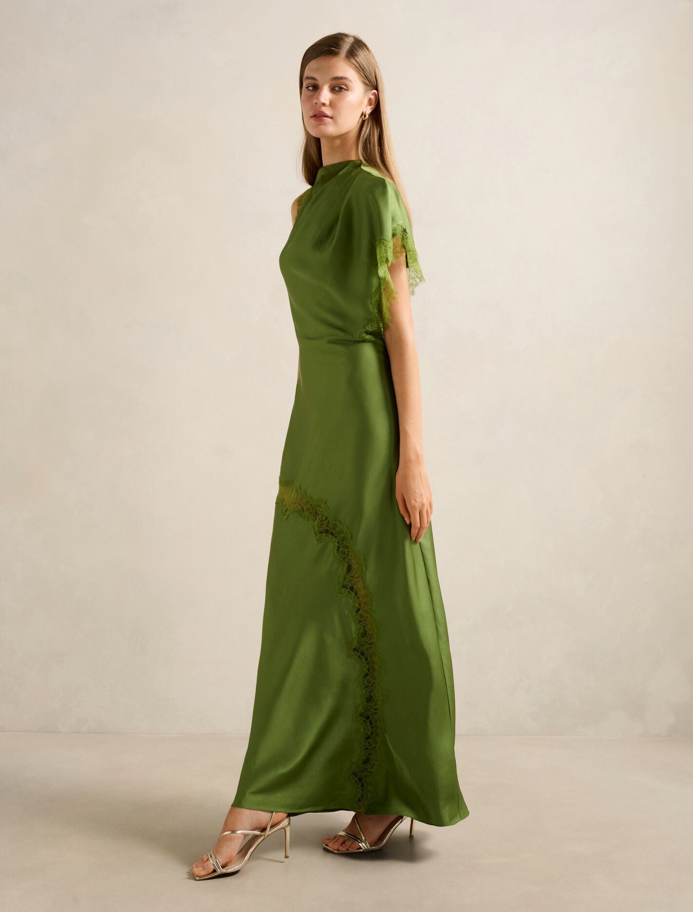 Kody Satin Lace Asymmetric Dress in Green - Size 0 to 12 - Womens