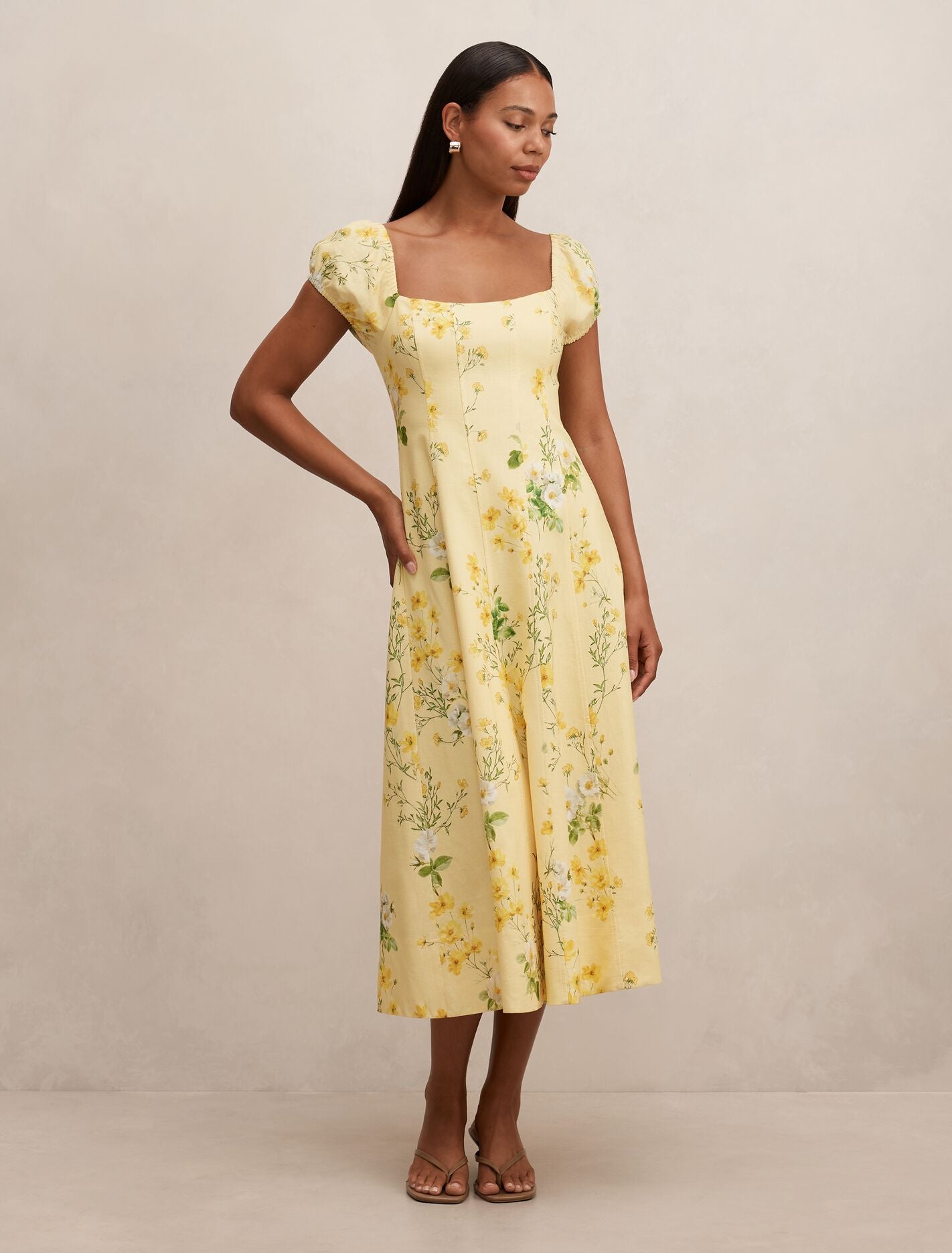 Sadie Cap Sleeve Linen Midi Dress