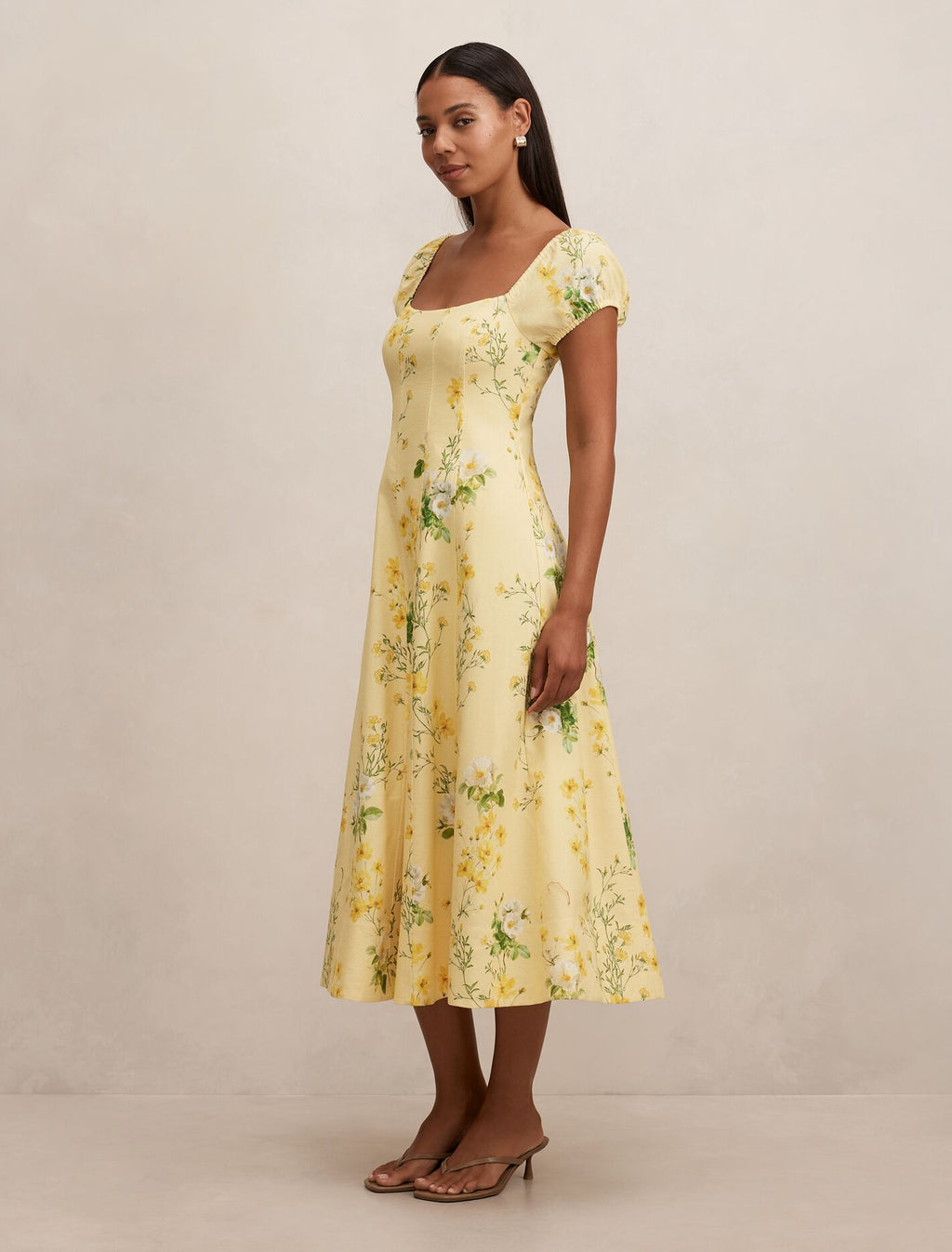 Sadie Cap Sleeve Linen Midi Dress