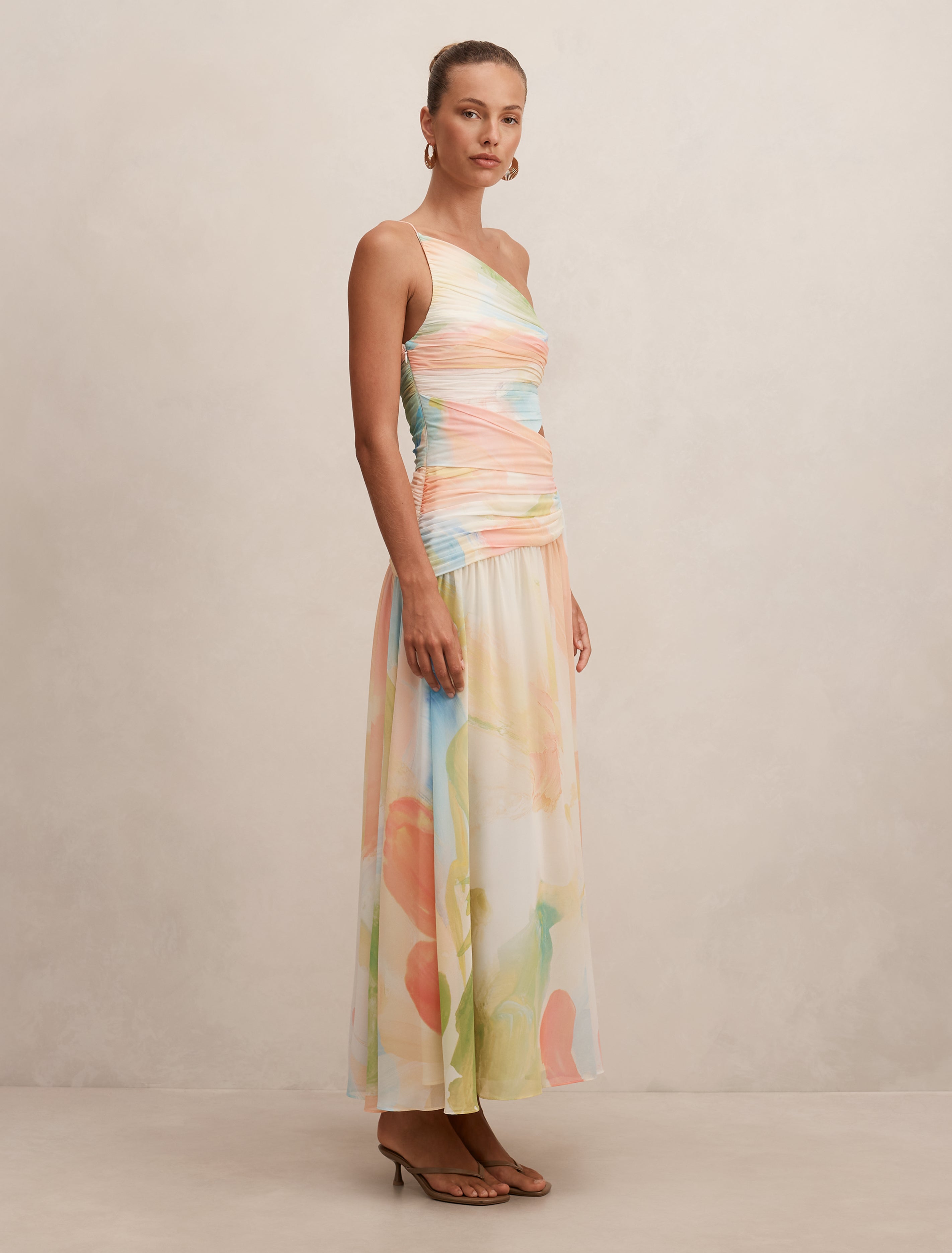 Connie Ruched Asymmetric Maxi Dress