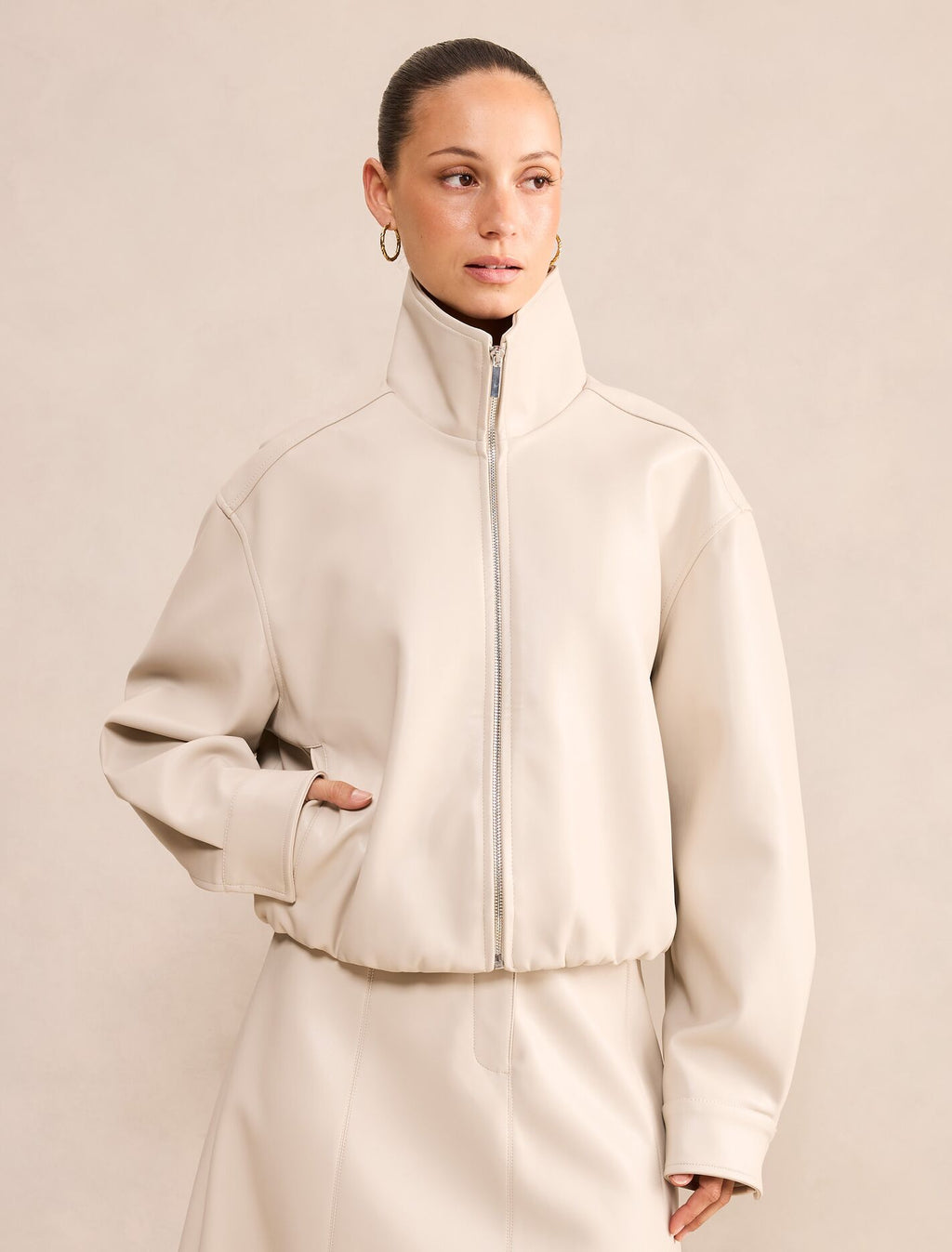 Julia Petite Faux Leather Funnel Neck Jacket