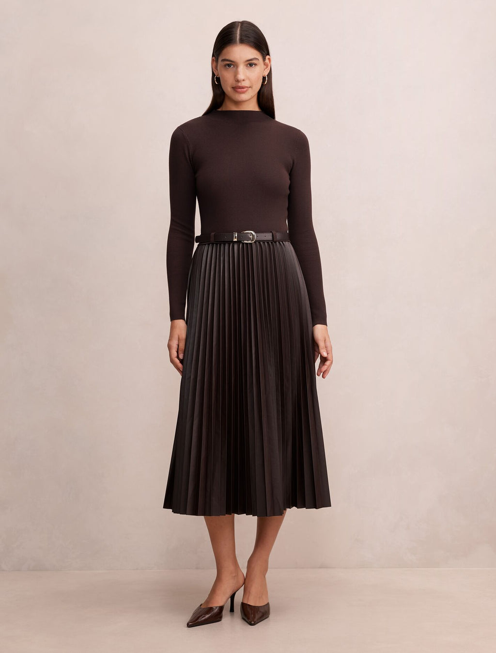 Gianna Faux Leather Pleated Midi Dress