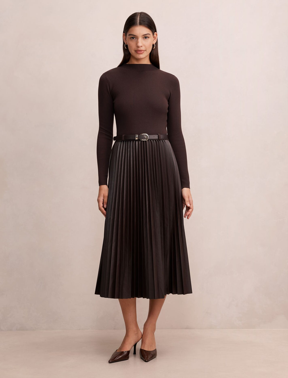 Gianna Faux Leather Pleated Midi Dress