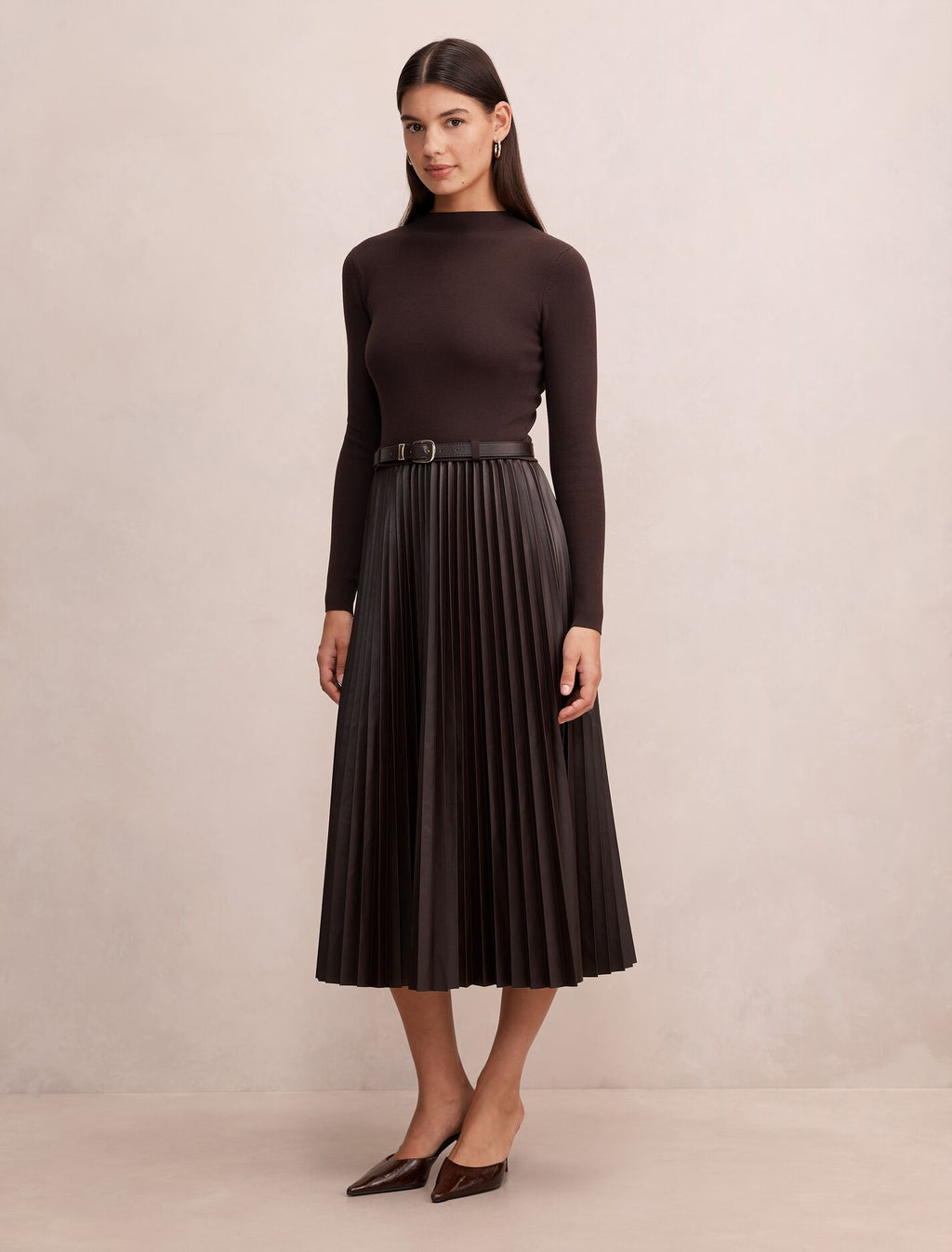 Gianna Faux Leather Pleated Midi Dress
