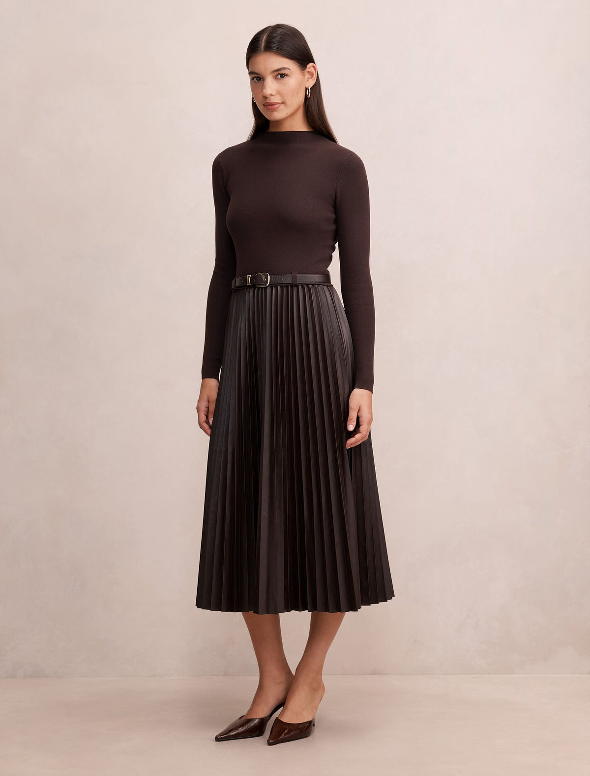 Gianna Faux Leather Pleated Midi Dress