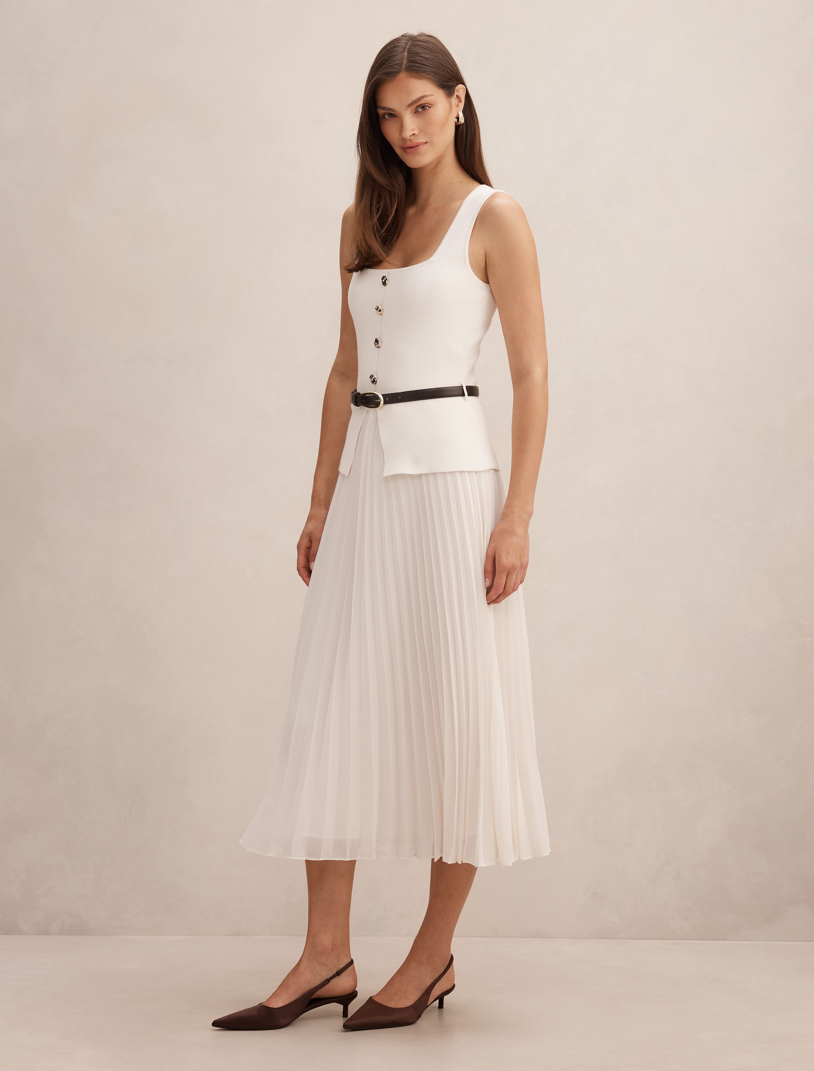 White Midi Dress - Delphine Sleeveless Square Neck - Size 0 to 12