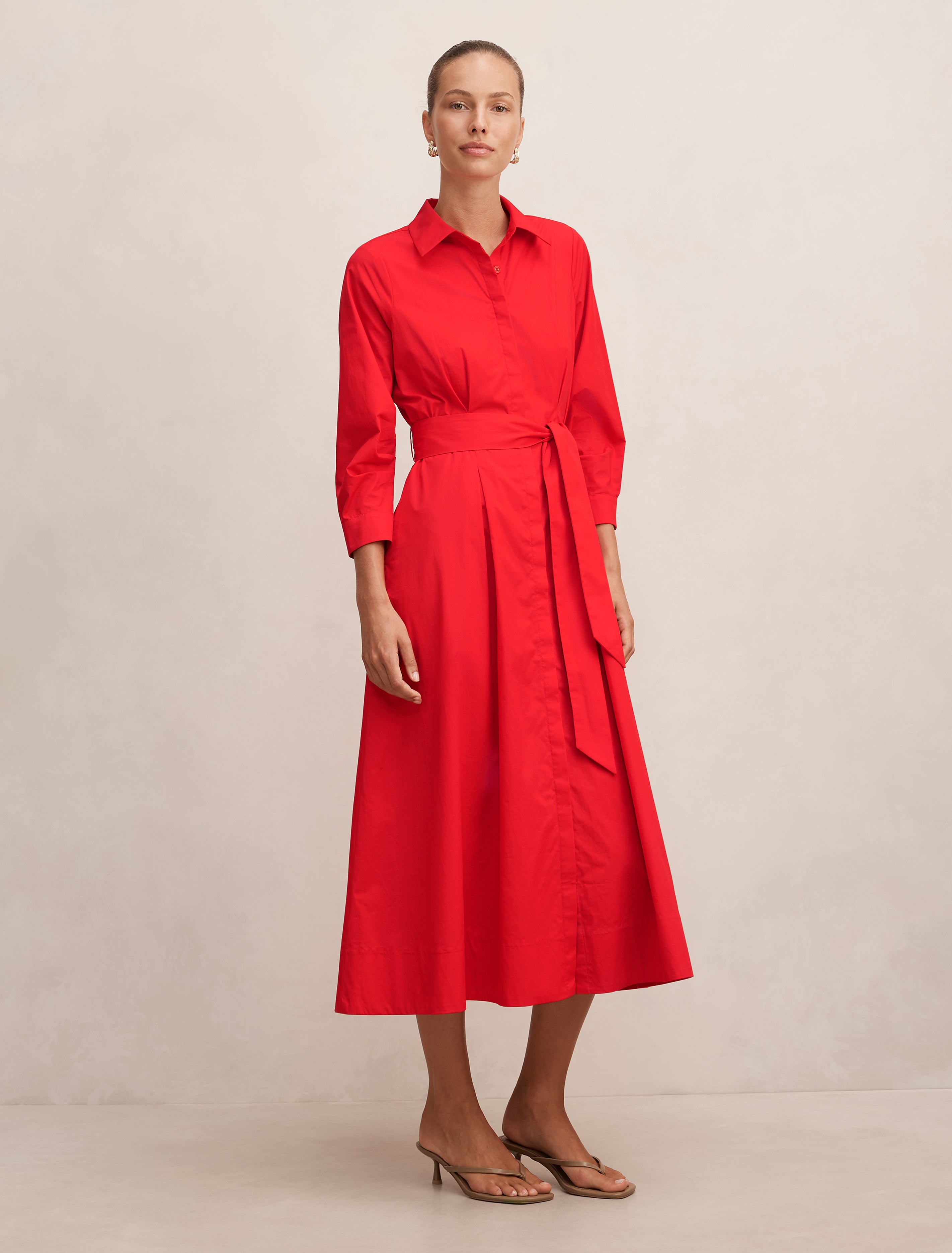 red midi shirt dress S Red Shirt Dress Poplin sleeves with collar neckline