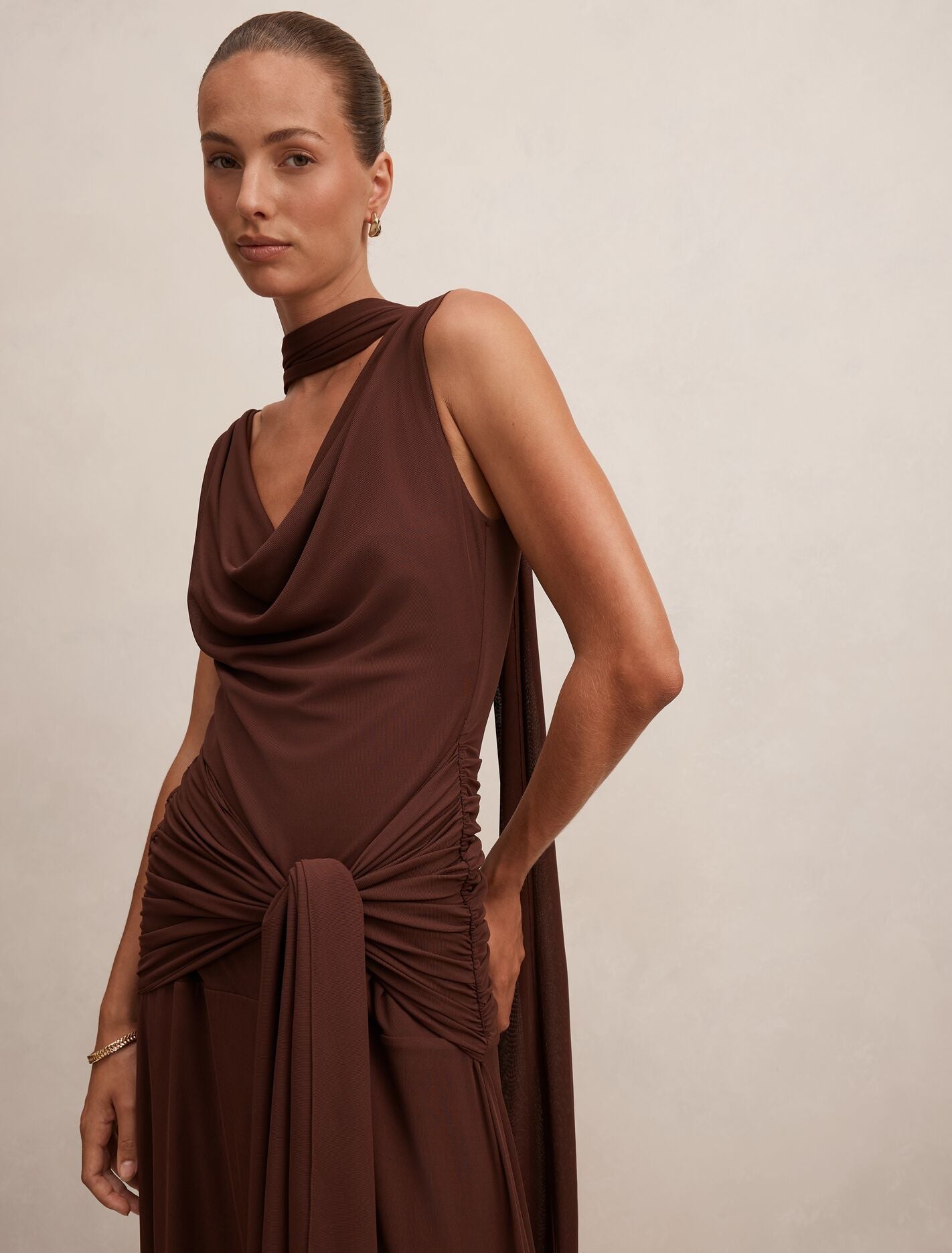 Brown Maxi Dress - Vivianne Scarf Tie - Size 0 to 12 - Womens Cowl Neck Dress Ever New USA Brown Maxi Dress - Vivianne Scarf Tie - Size 0 to 12 - Womens Cowl Neck Dress Ever New USA