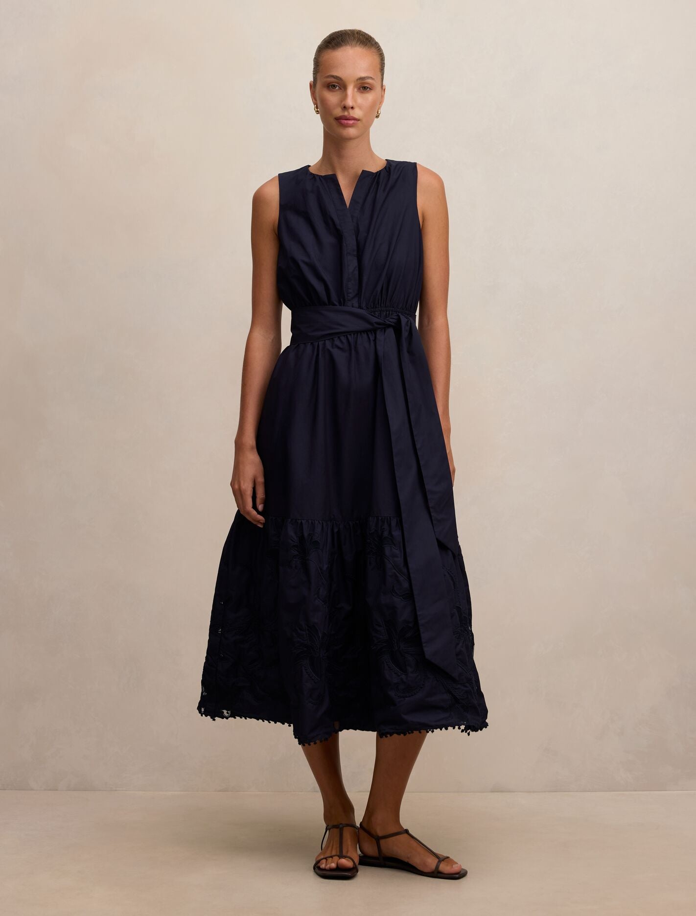 Navy Midi Dress - Evie Sleeveless Embroidered Tie - Size 0 to 12