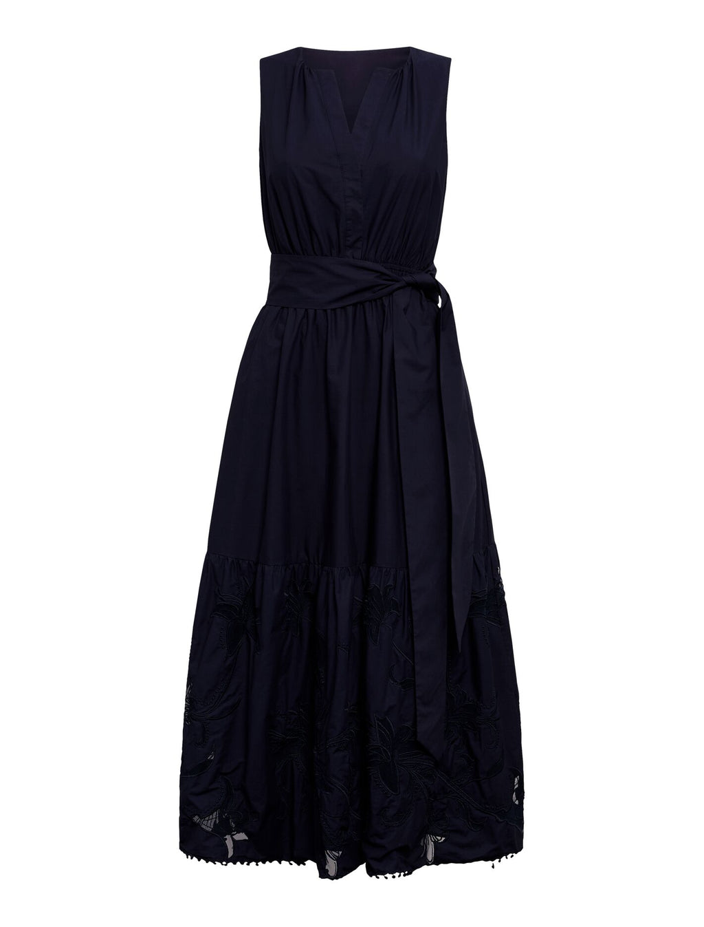 Evie Sleeveless Embroidered Tie Midi Dress