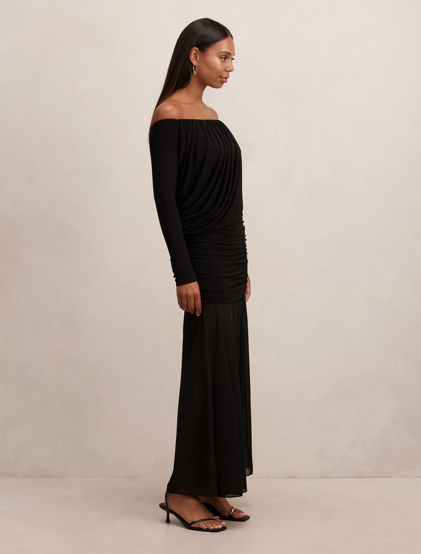 draped maxi dress with sleeves A&A Soleva Draped Sleeve Maxi Dress
