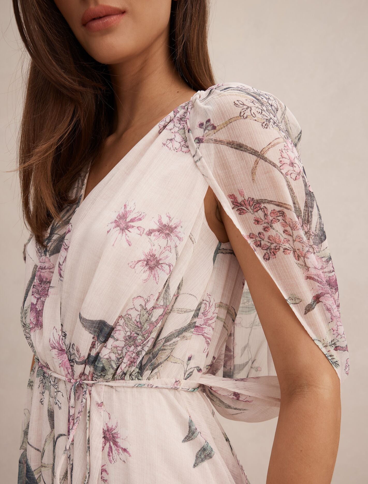 lacey chiffon floral cape maxi dress in pale pink Reiss Lacey Cape Floral-Print Crepe Maxi Dress in Purple