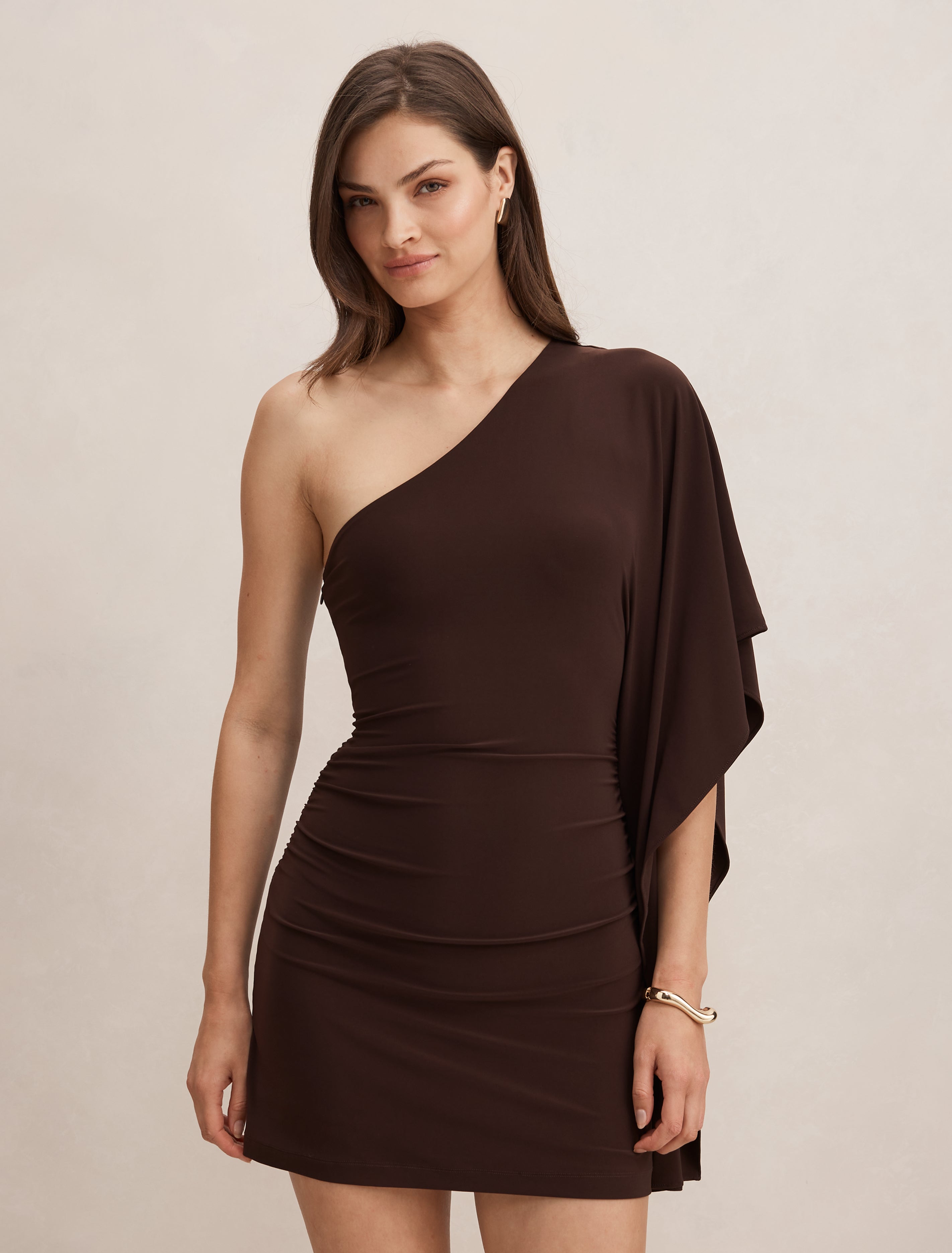 one sleeve mini dresses Palazzo Long Sleeve One-Shoulder Drawstring Mini Dress White