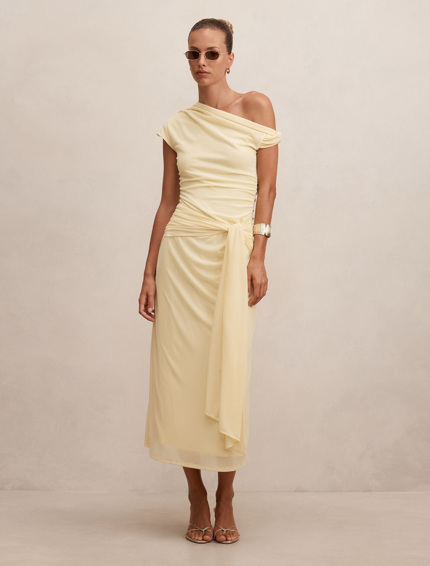 Piper Draped Tie Mesh Midi Dress in Yellow - Size 0 to 12