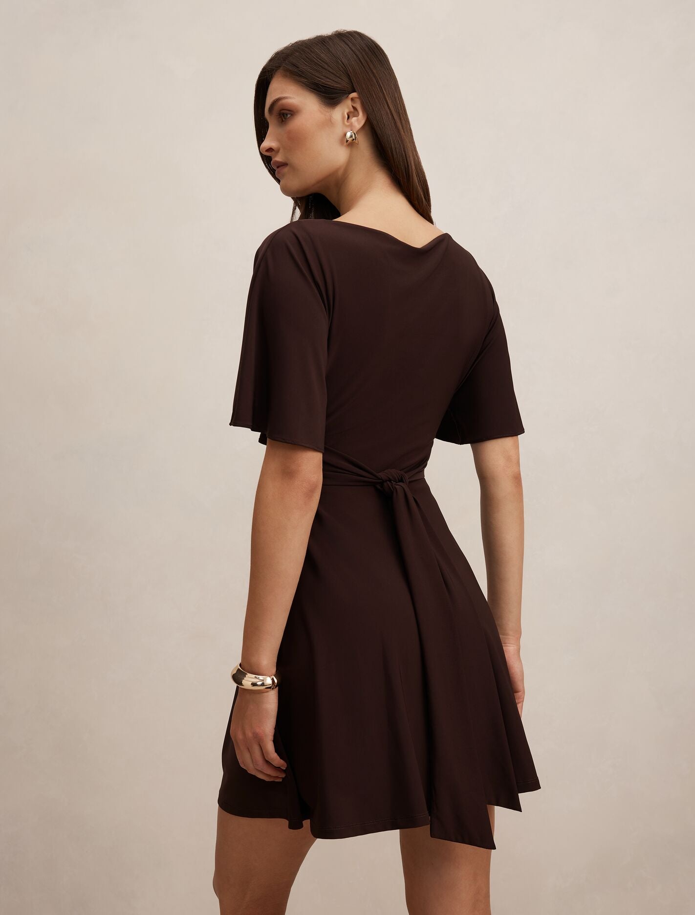 Brown Mini Dress - Cora Flutter Sleeve Tie - Size 0 to 12