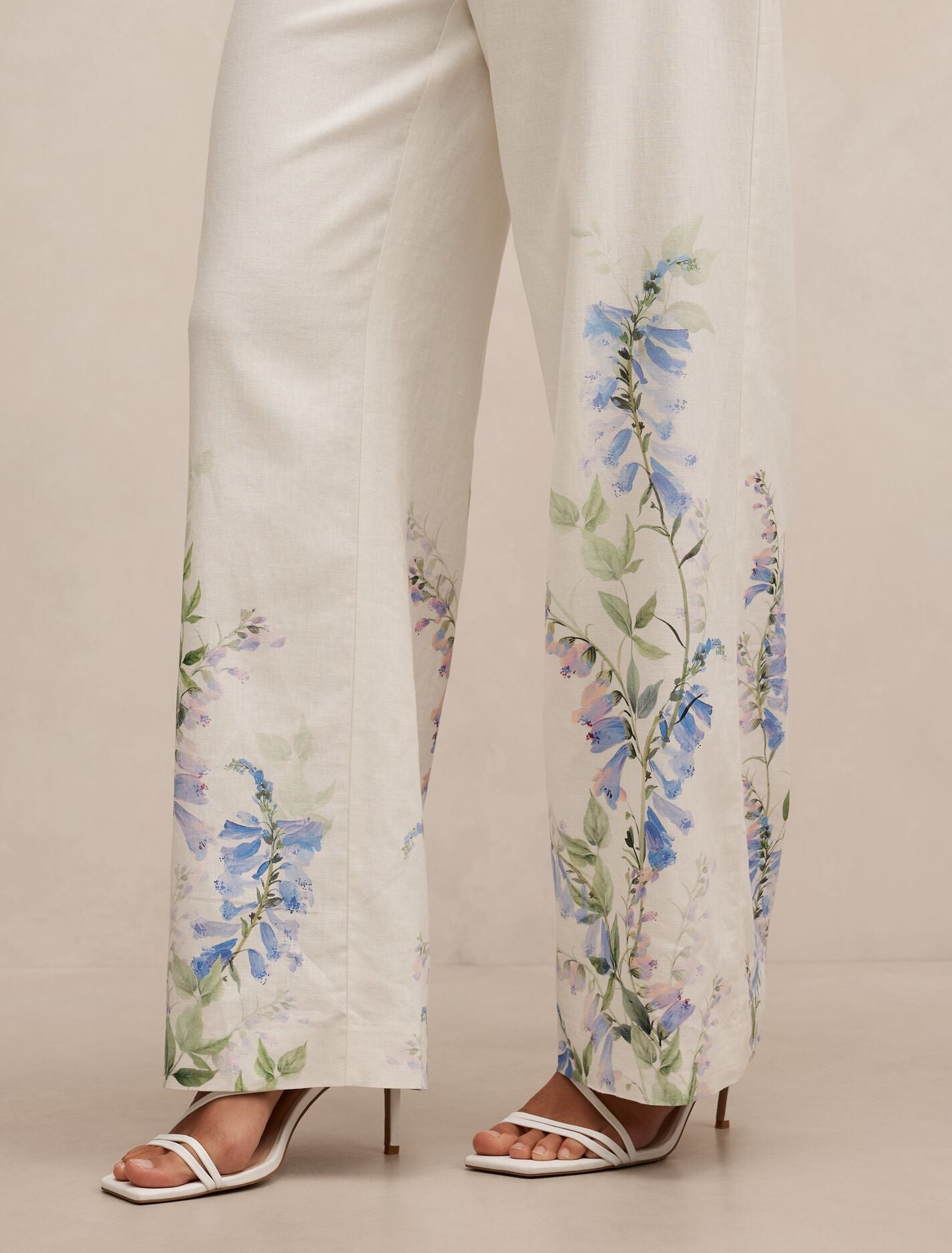 White Linen Pants - Soleil Floral Placement Print - Size 0 to 12