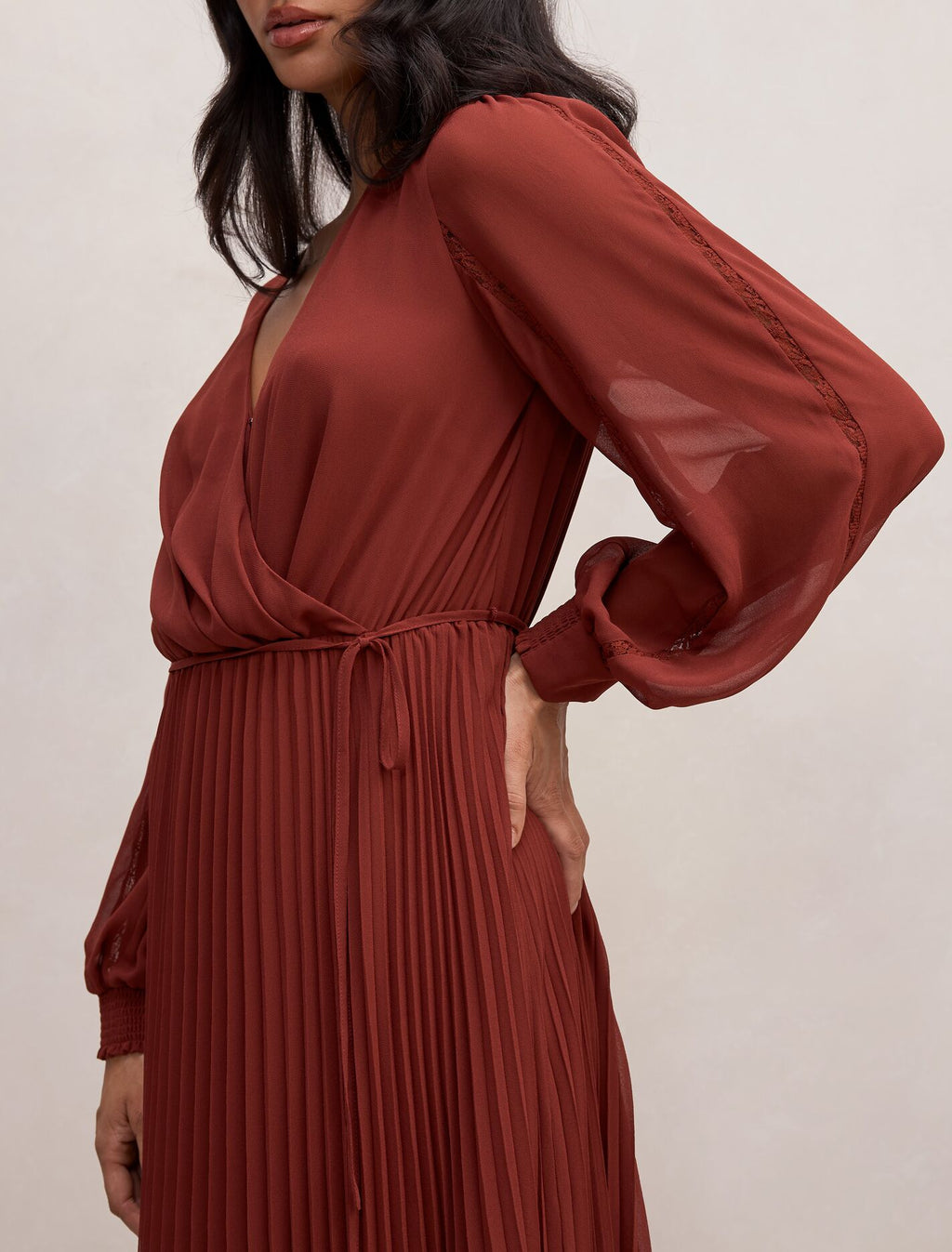 Shellie Wrap Lace Pleated Midi Dress