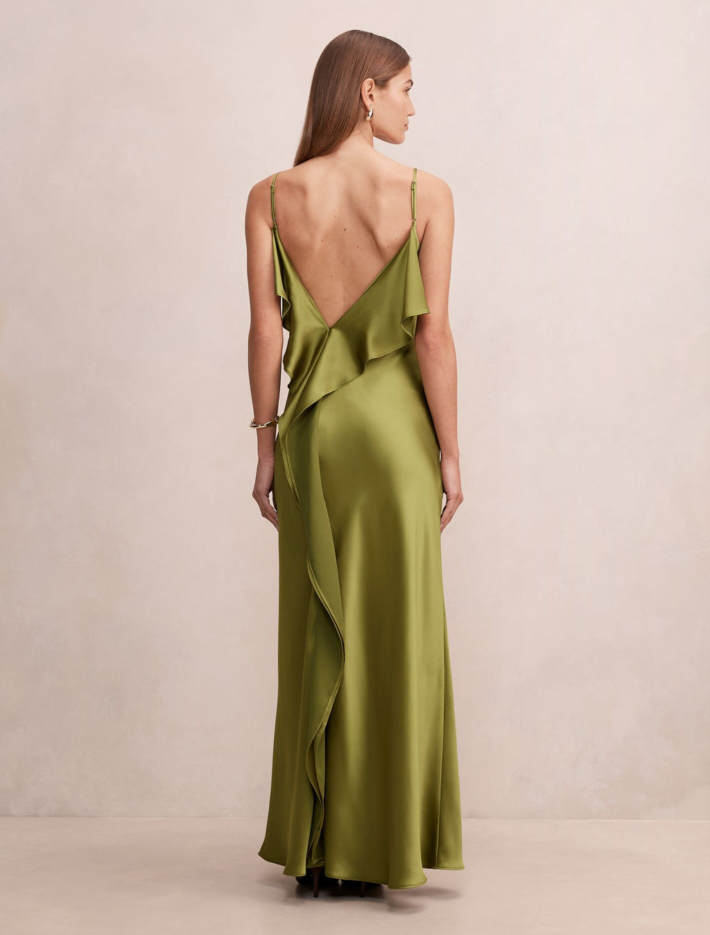 Allora Ruffle Back Satin Maxi Dress