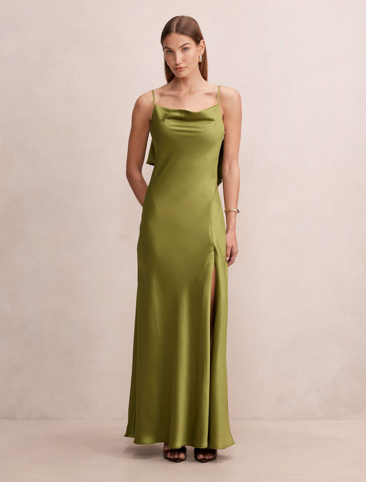 Allora Ruffle Back Satin Maxi Dress
