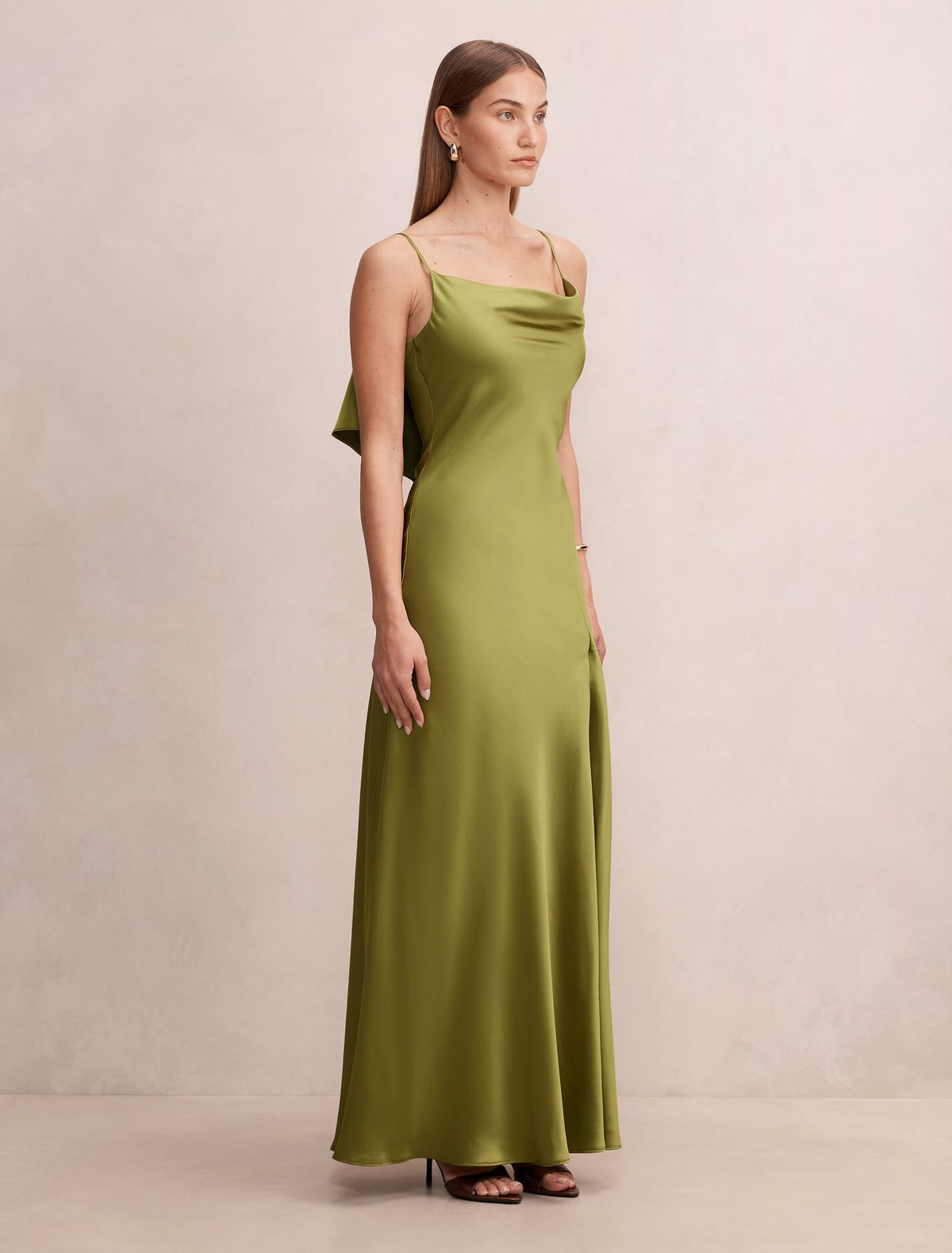 Allora Ruffle Back Satin Maxi Dress