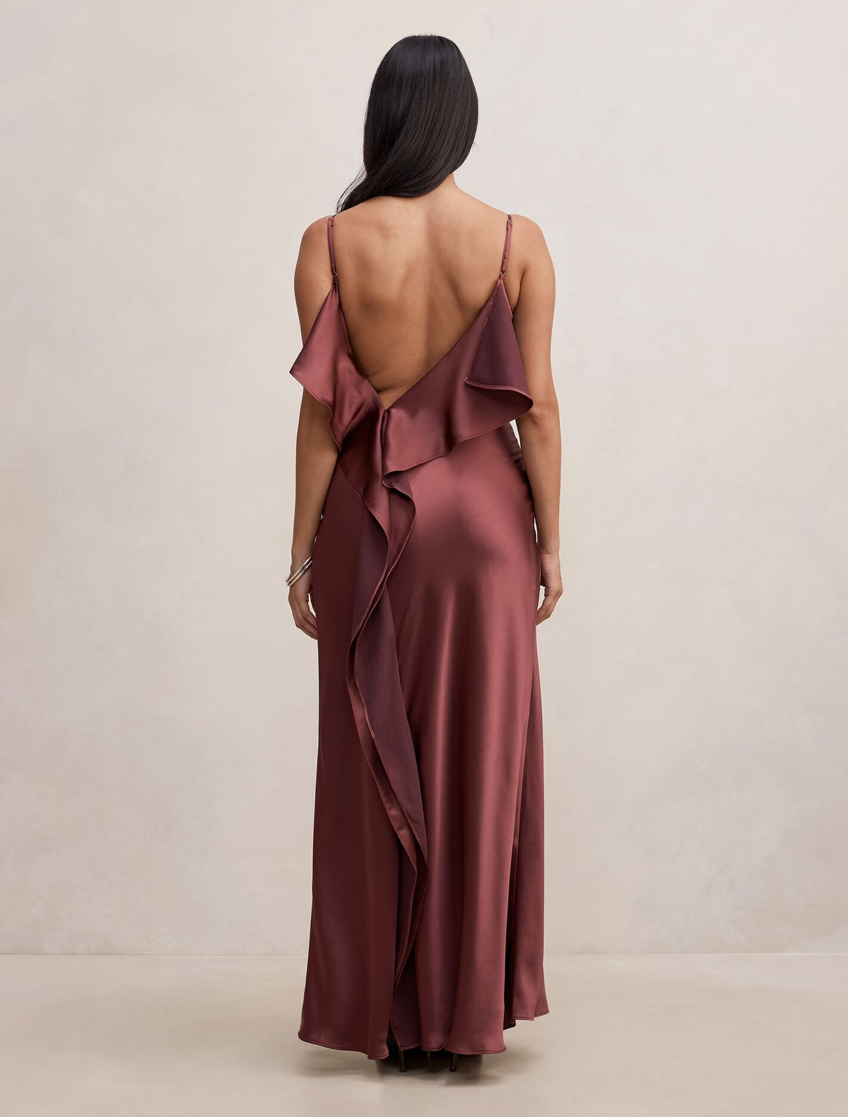 Allora Ruffle Back Satin Maxi Dress