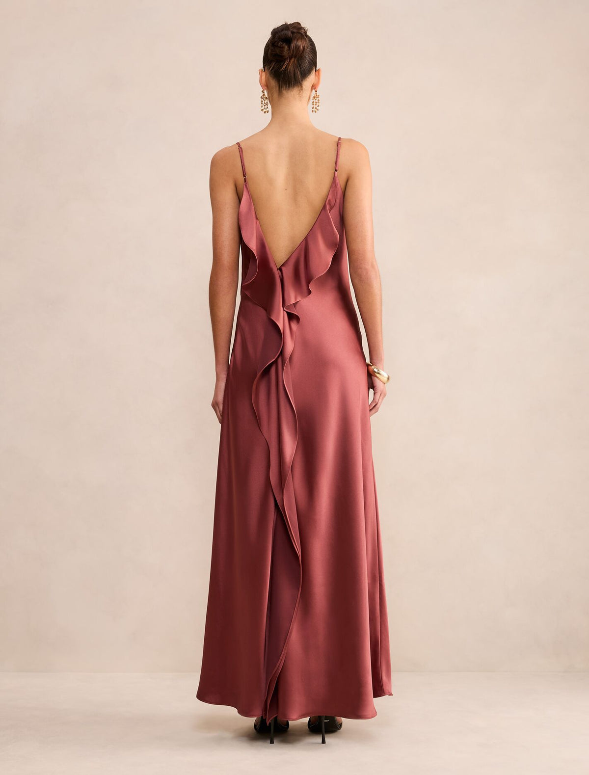 Allora Ruffle Back Satin Maxi Dress