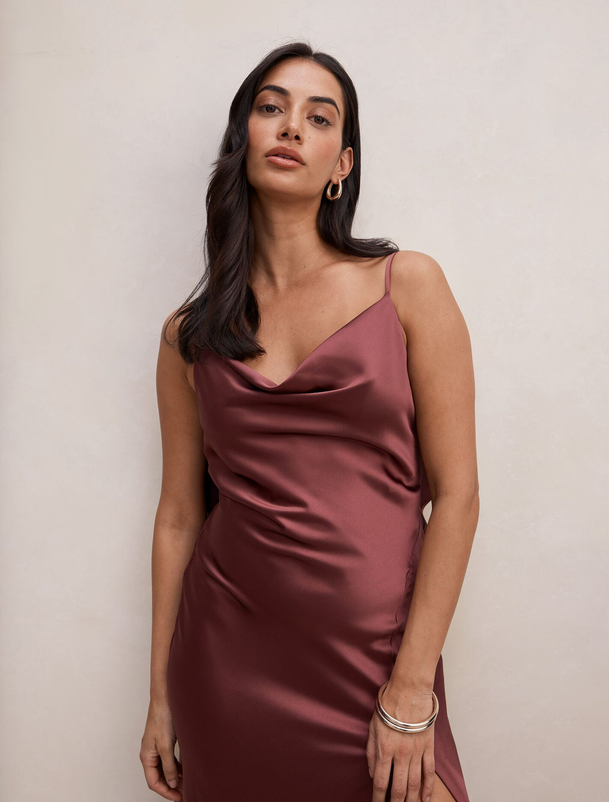 Allora Ruffle Back Satin Maxi Dress