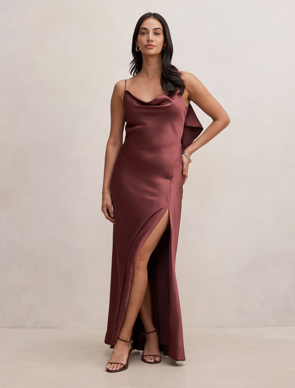 Allora Ruffle Back Satin Maxi Dress