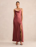 Allora Ruffle Back Satin Maxi Dress