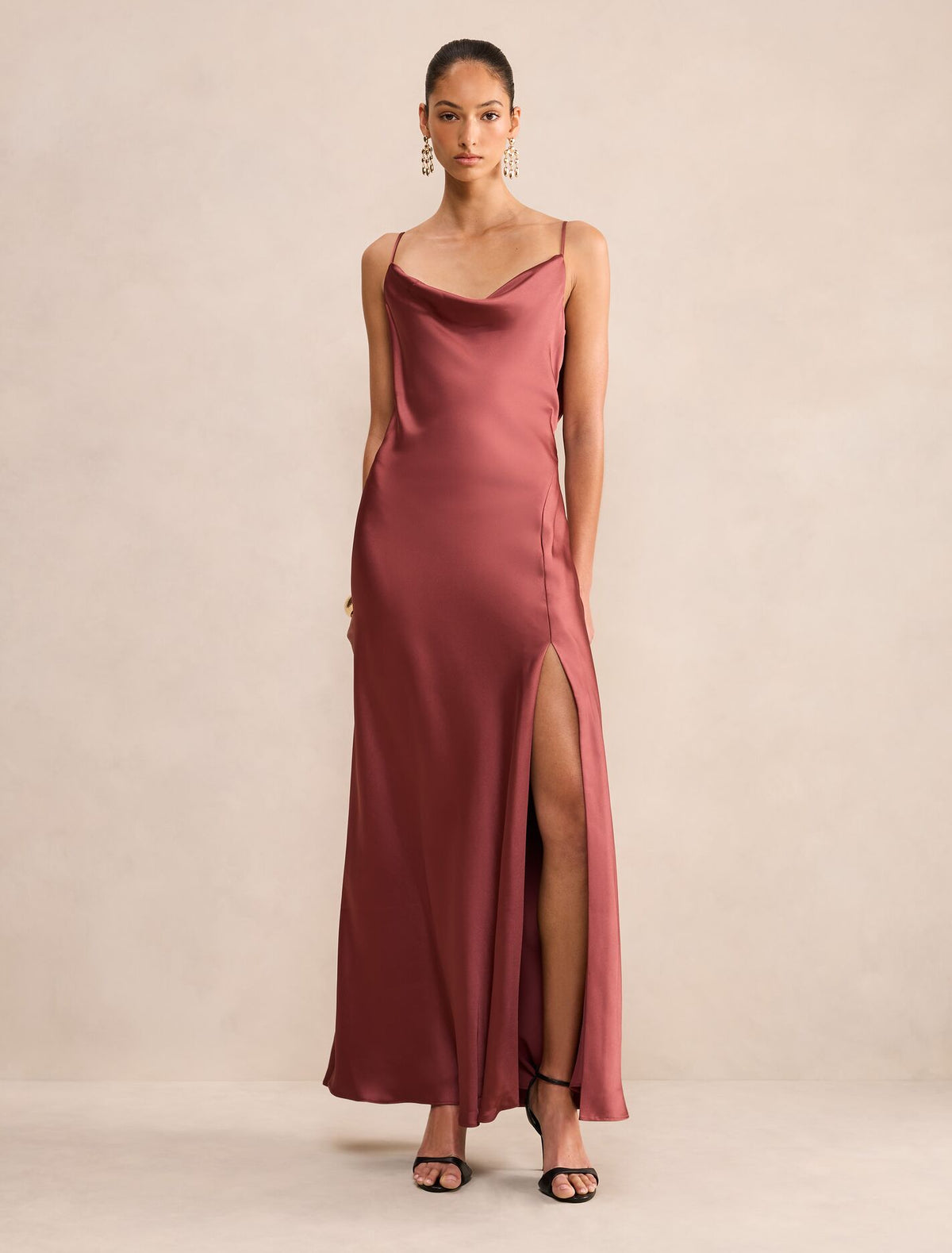 Allora Ruffle Back Satin Maxi Dress