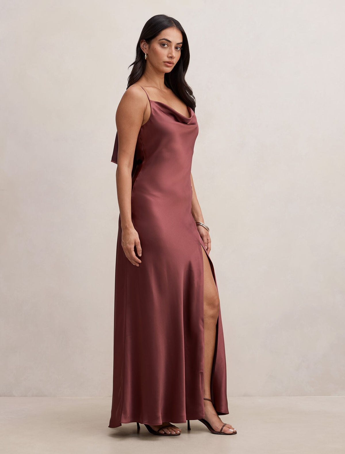 Allora Ruffle Back Satin Maxi Dress
