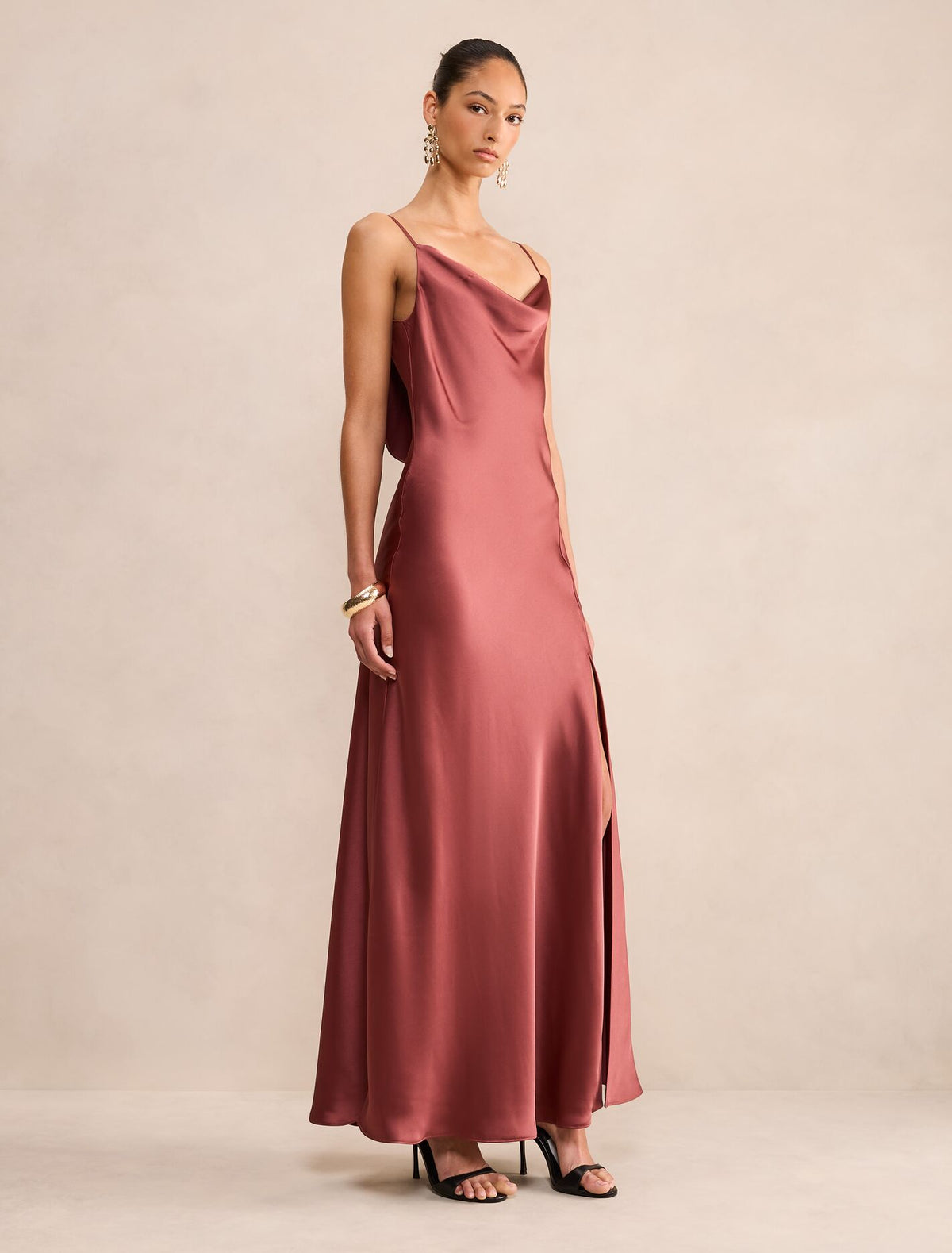 Allora Ruffle Back Satin Maxi Dress