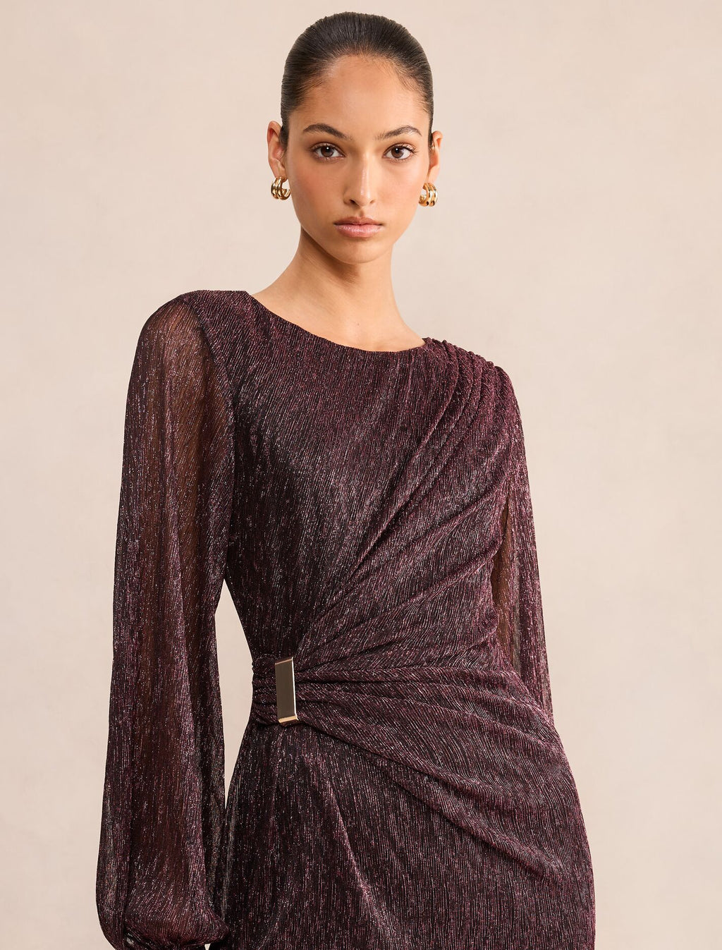 Lainey Long Sleeve Draped Plisse Maxi Dress