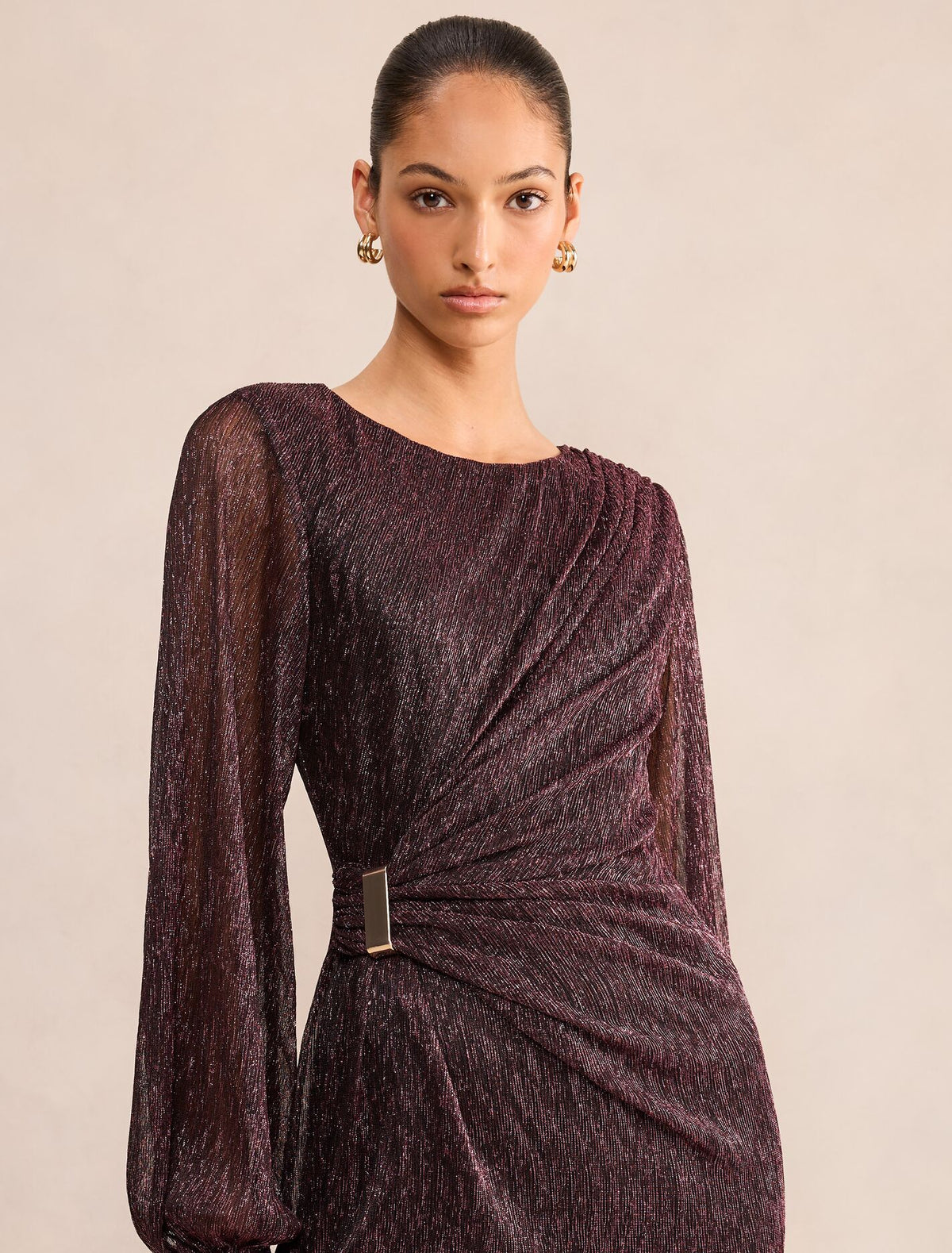 Lainey Long Sleeve Draped Plisse Maxi Dress